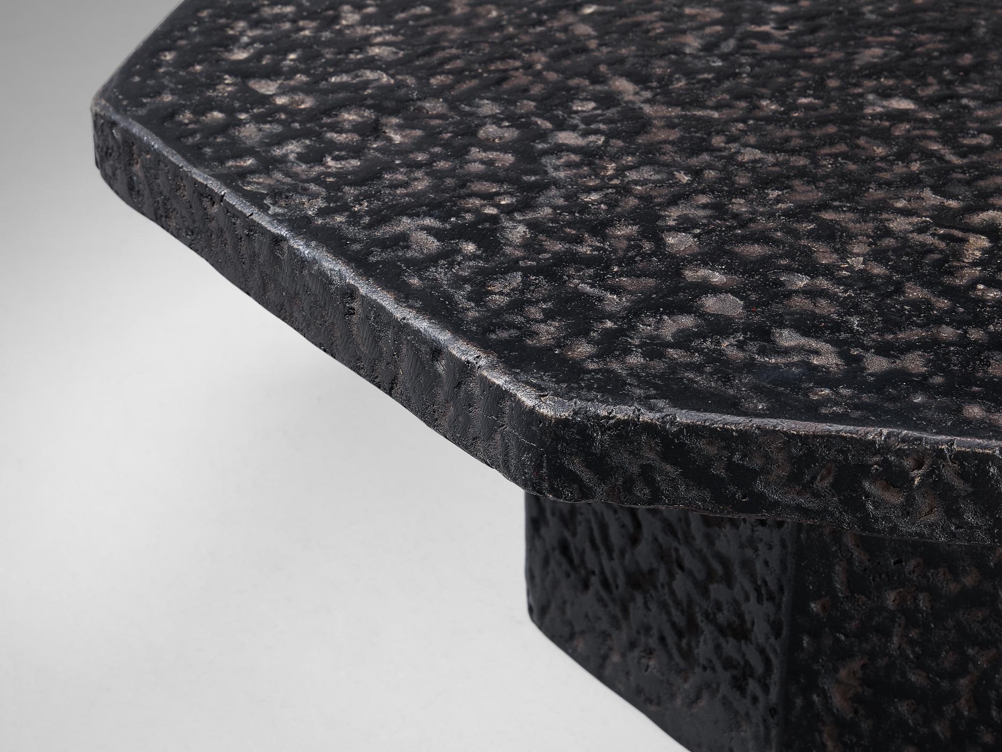 European Brutalist Octagonal Coffee Table in Black Stone Look Resin For Sale