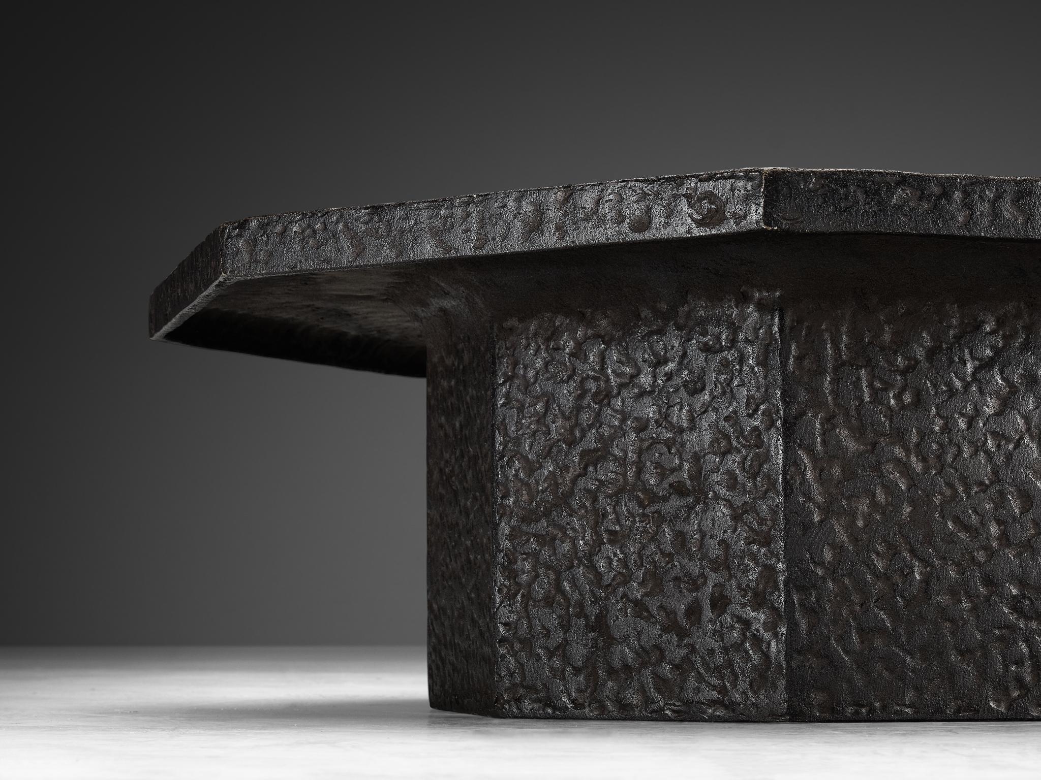 European Brutalist Octagonal Coffee Table in Black Stone Look Resin 