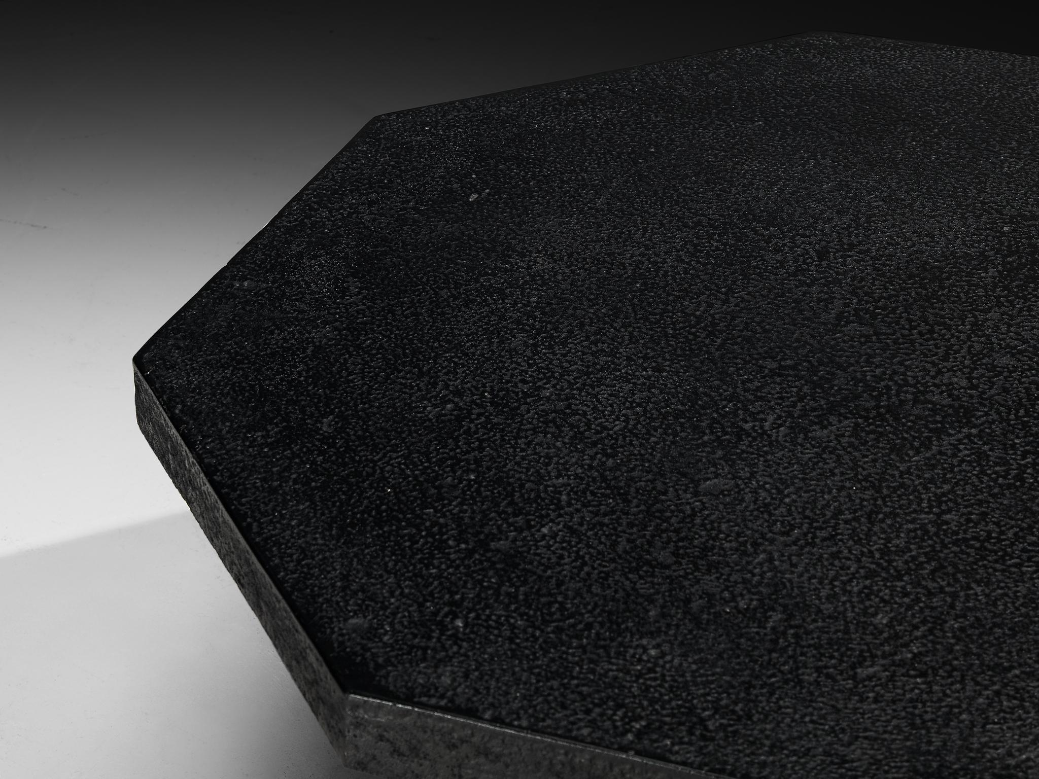 Post-Modern Brutalist Octagonal Coffee Table in Black Stone Look Resin For Sale
