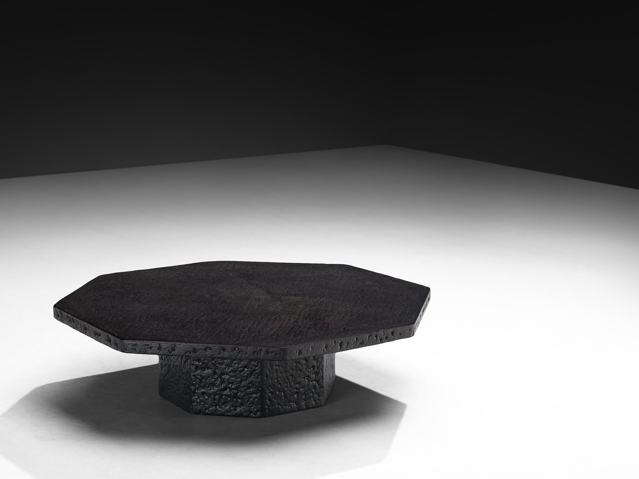 Post-Modern Brutalist Octagonal Coffee Table in Black Stone Look Resin For Sale