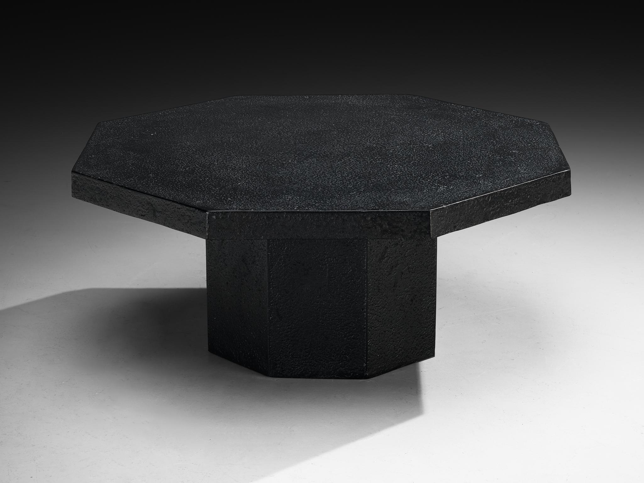 European Brutalist Octagonal Coffee Table in Black Stone Look Resin For Sale