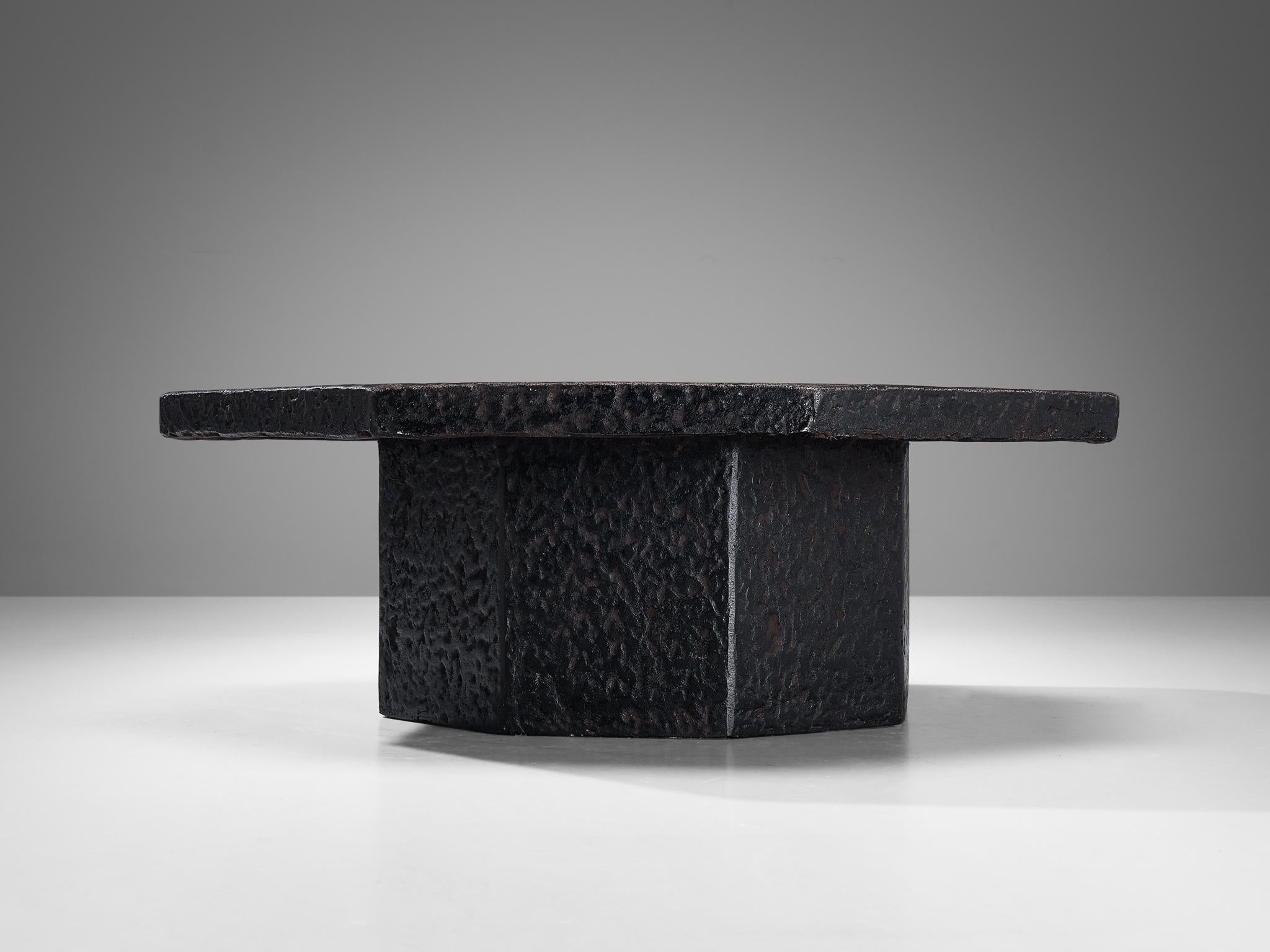 Late 20th Century Brutalist Octagonal Coffee Table in Black Stone Look Resin For Sale