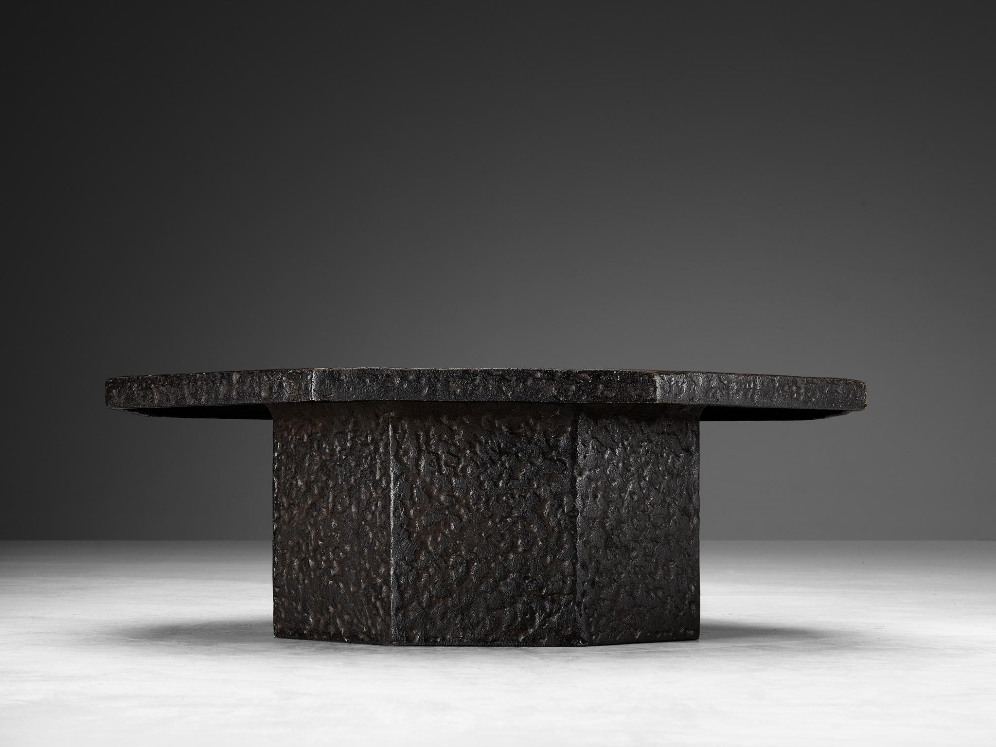 Brutalist Octagonal Coffee Table in Black Stone Look Resin  1
