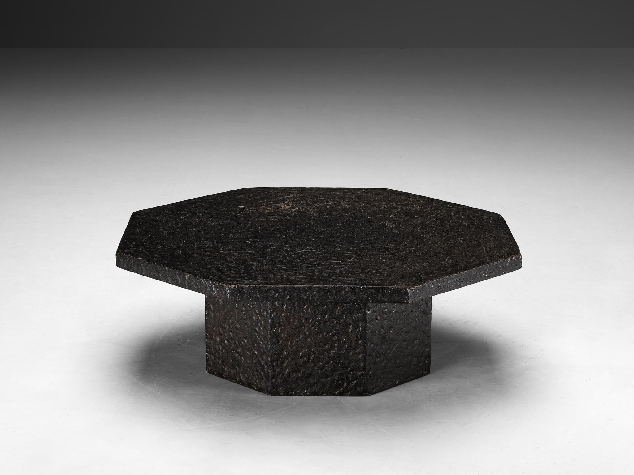 Brutalist Octagonal Coffee Table in Black Stone Look Resin  2