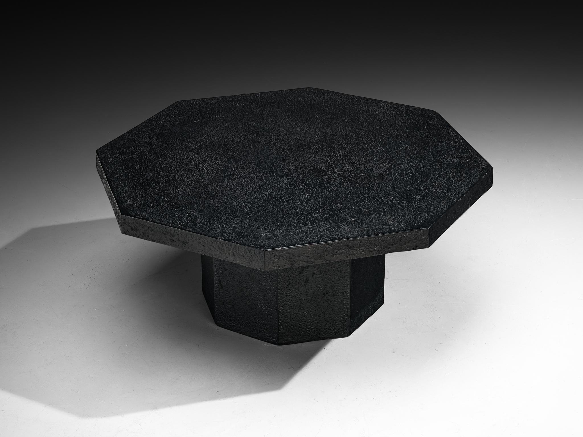 Brutalist Octagonal Coffee Table in Black Stone Look Resin For Sale 1