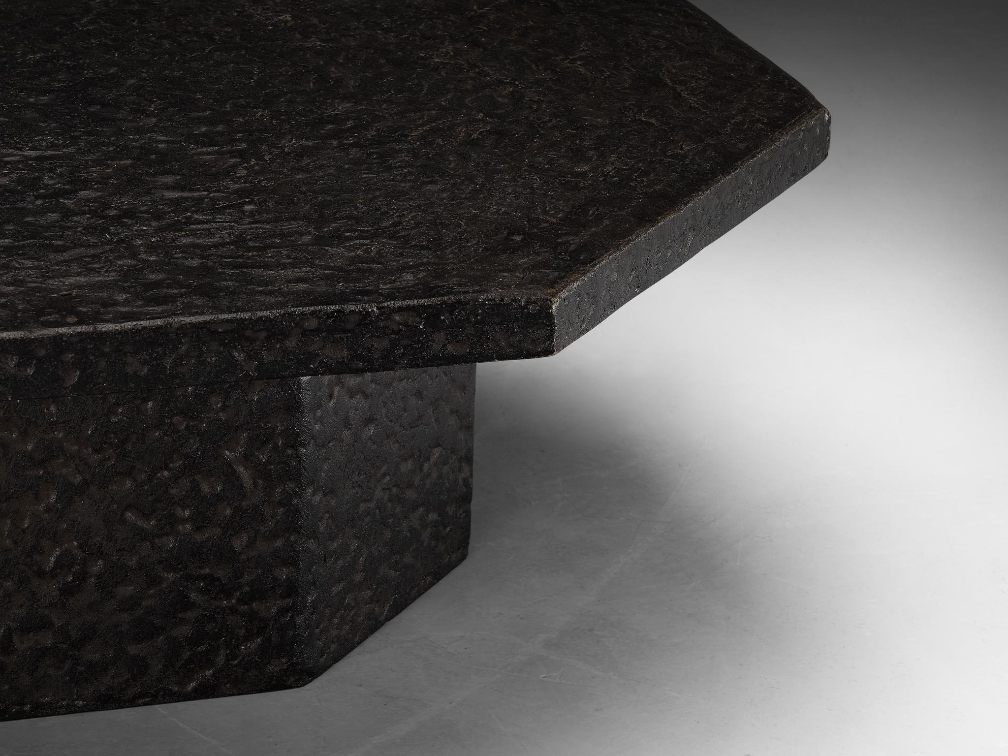 Brutalist Octagonal Coffee Table in Black Stone Look Resin  3