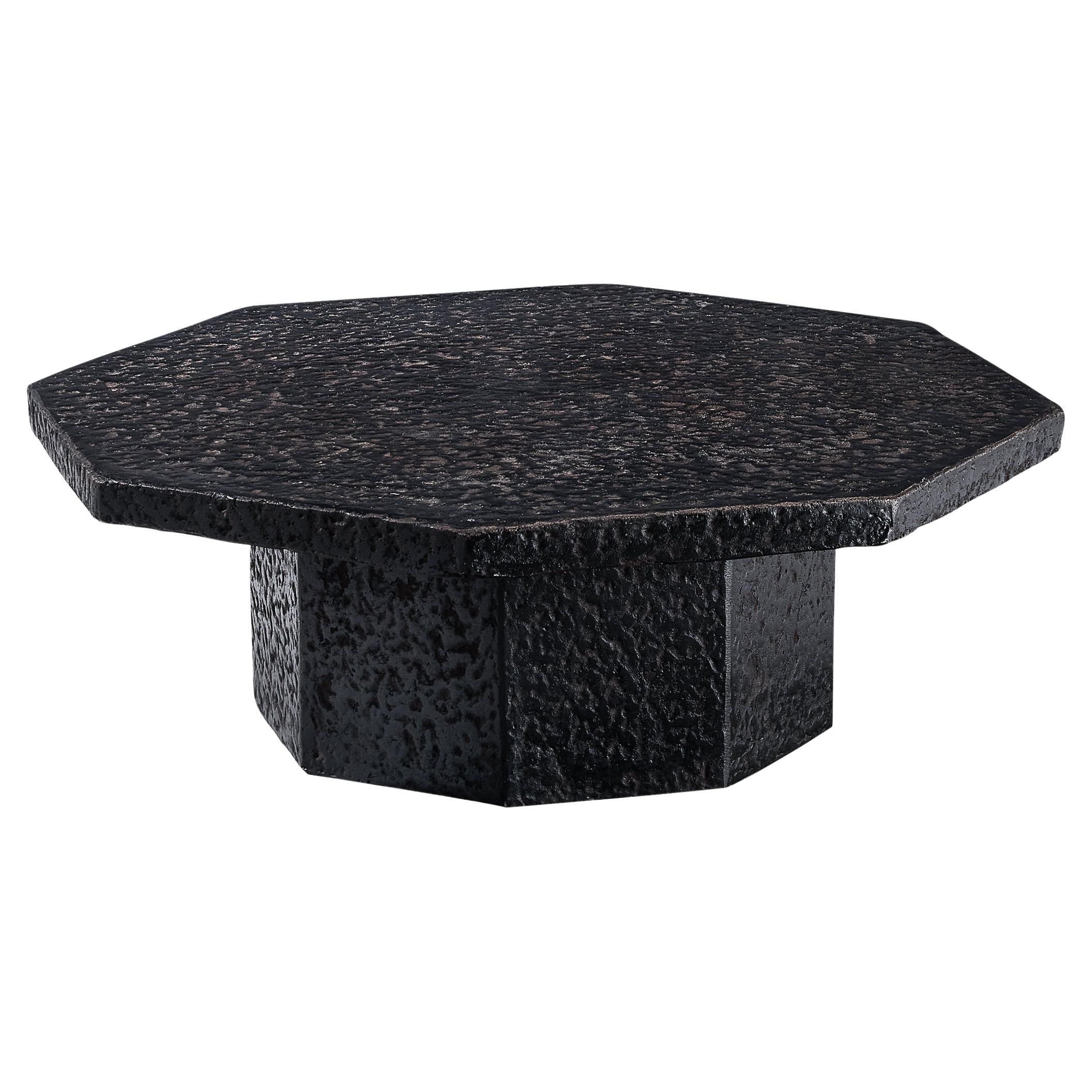 Brutalist Octagonal Coffee Table in Black Stone Look Resin For Sale