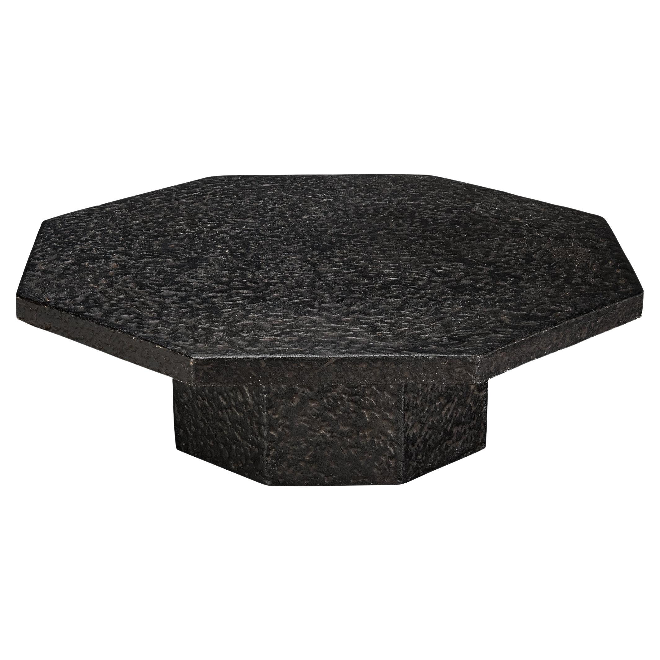 Brutalist Octagonal Coffee Table in Black Stone Look Resin 