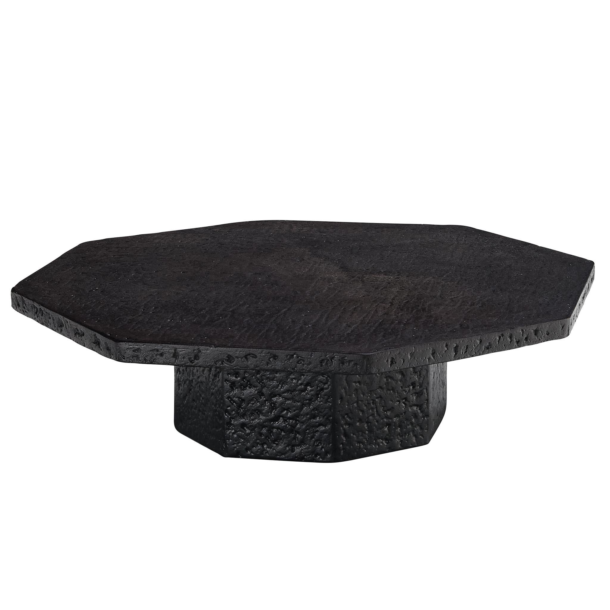 Brutalist Octagonal Coffee Table in Black Stone Look Resin For Sale