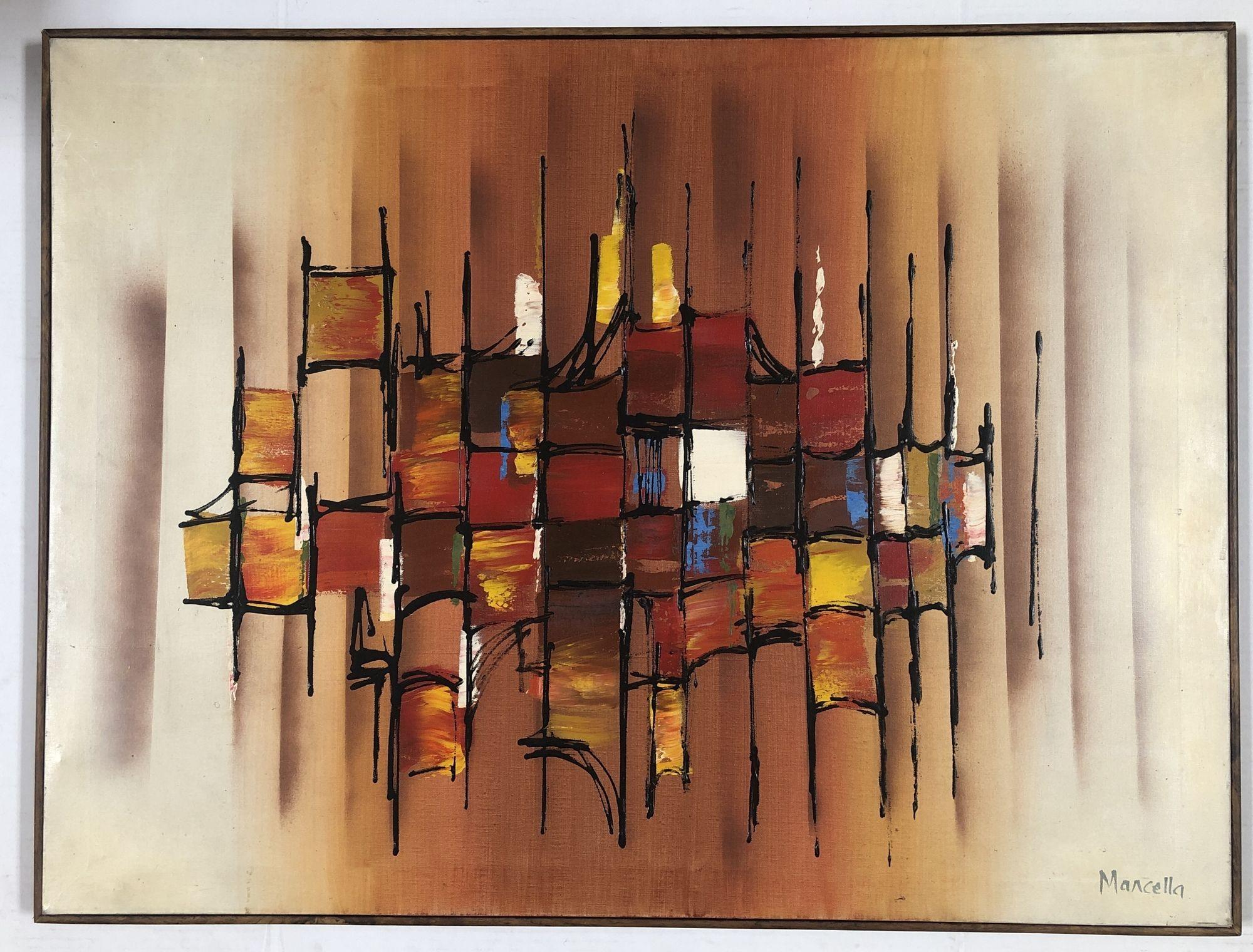 Original signed abstract oil and canvas artwork painting of a late multicolored geometric patterned by Marcella Doane in its original low profile black gold brushed frame. This late Mid-century earlier Brutalist painting will work well in any