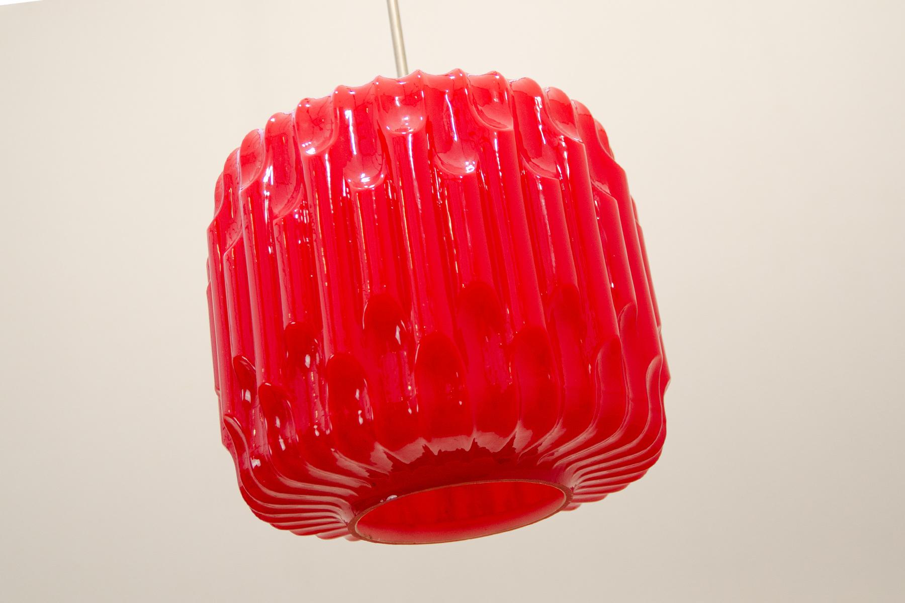 Metal Brutalist opaline glass chandelier by Karel Wolf for Osvětlovací sklo, 1970´s For Sale