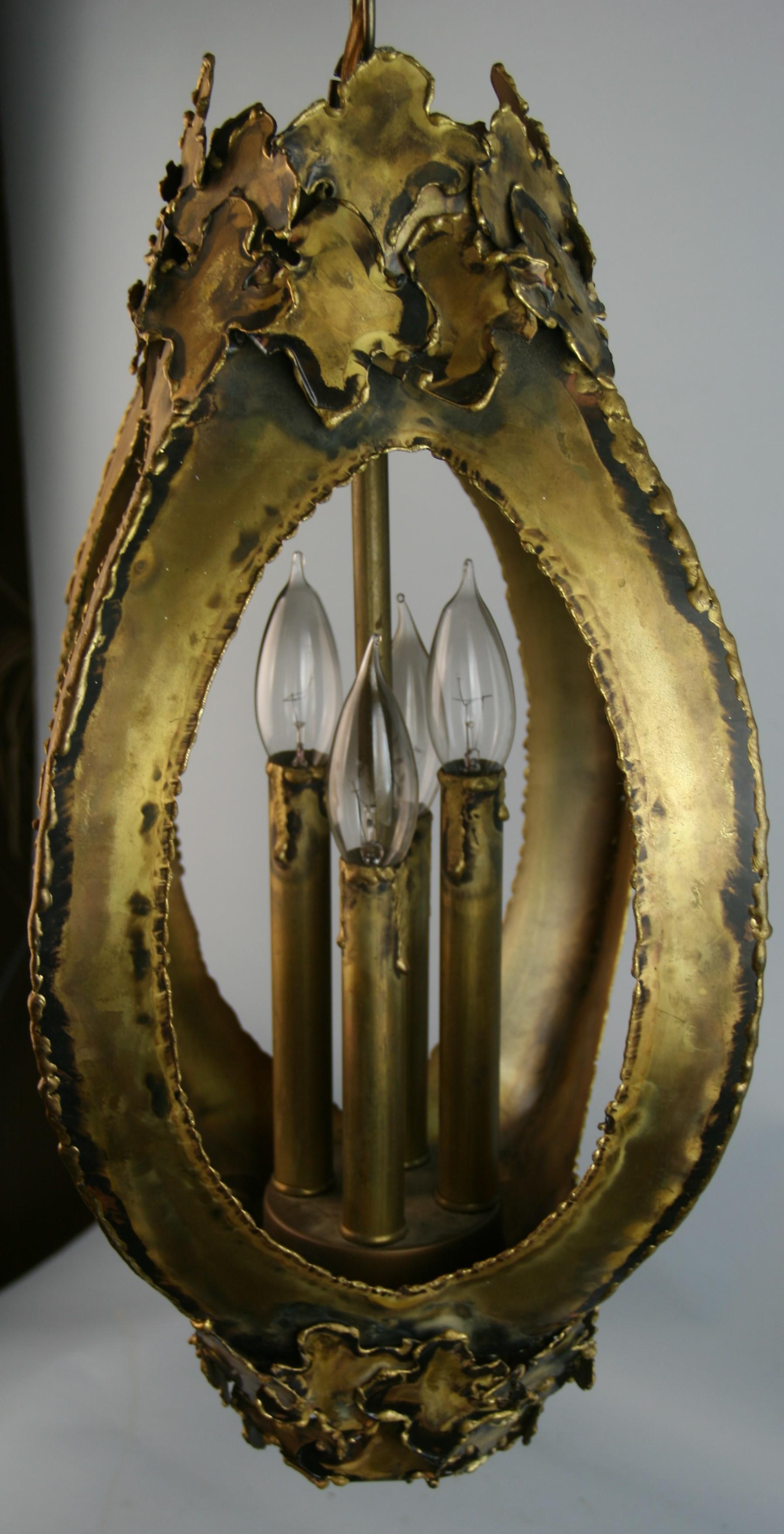 Brass Brutalist Organic Chandelier /Lantern by Feldman Lighting For Sale