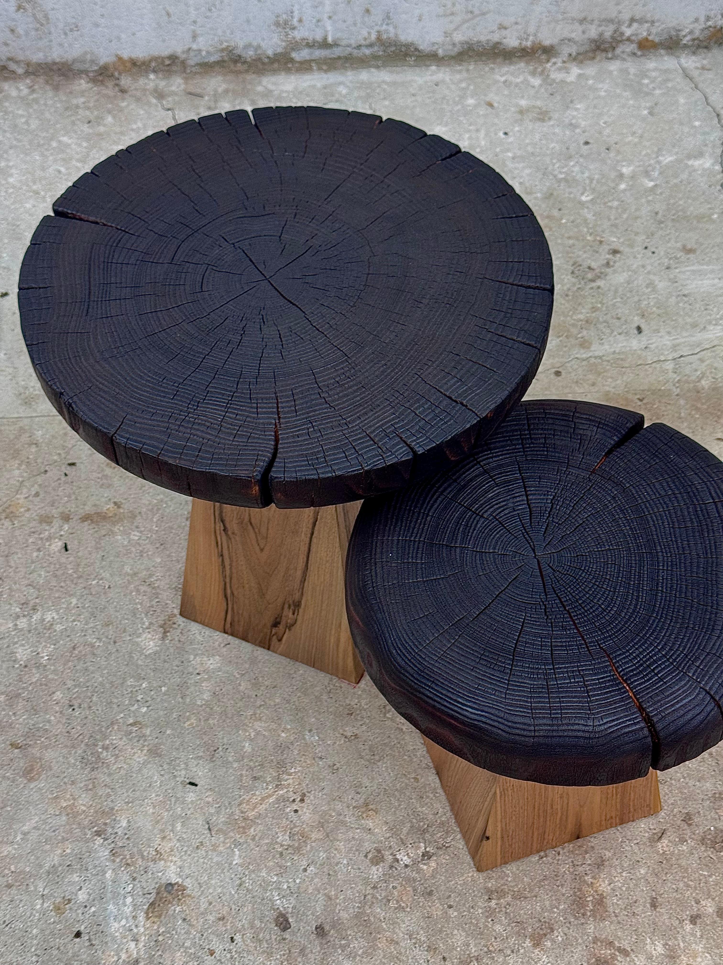 This Brutalist Organic coffee table set celebrates the raw beauty of natural materials through contrast and craftsmanship. Each table features a solid walnut base shaped as a truncated pyramid — a symbol of grounded strength and geometric purity.