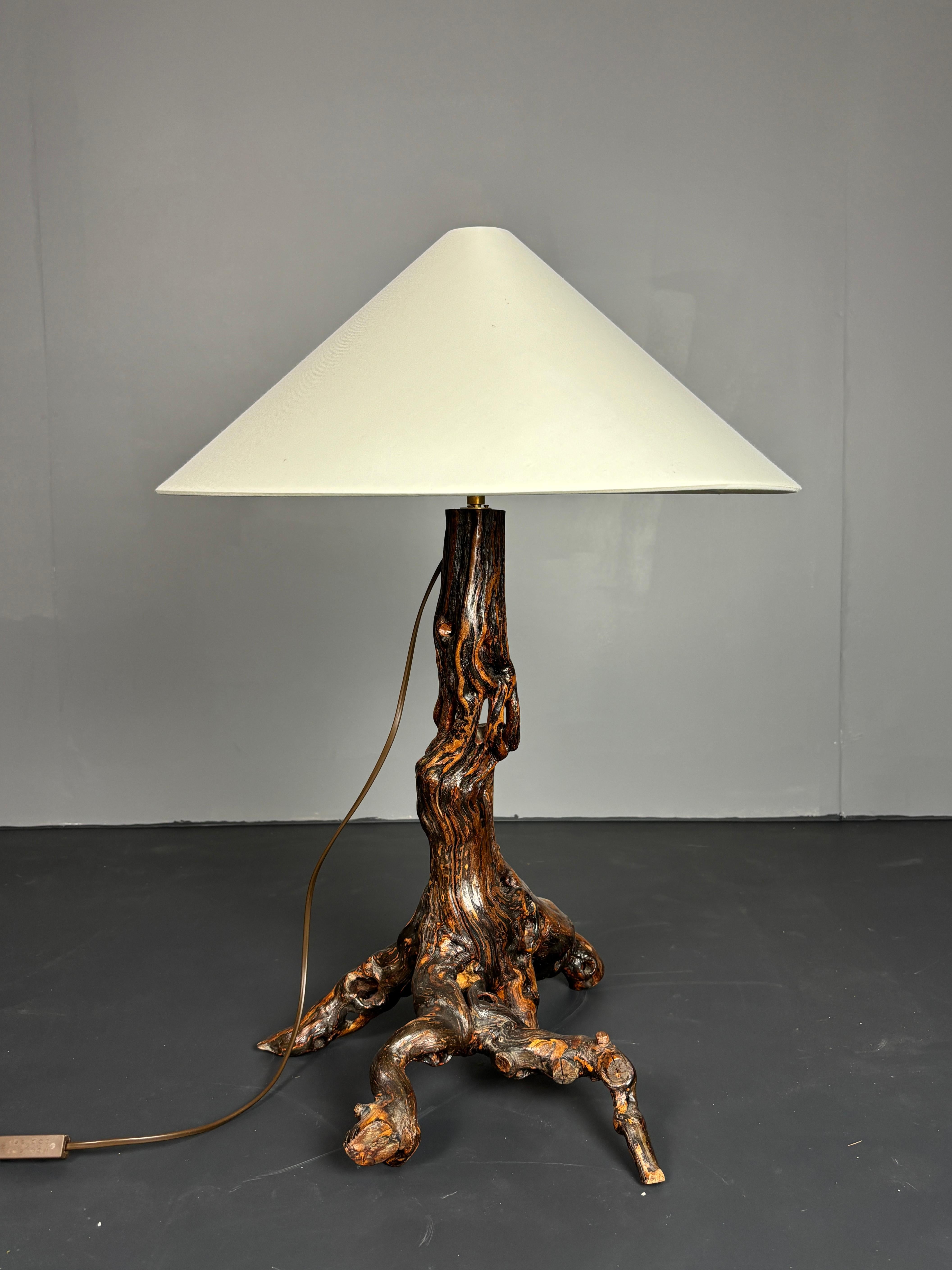 Gorgeous Brutalist organic vine branch lamp, France 1950s. This lamp is in great condition considering its age. The shade is new and has a diameter of 50 cm. The lamp has been rewired and refitted with a brass fitting and fitted for a general E27