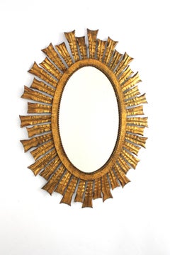 Brutalist Oval Starburst Sunburst Mirror in Gilt Iron and Gold Leaf, 1950s