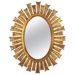 Brutalist Oval Starburst Sunburst Mirror in Gilt Iron and Gold Leaf, 1950s