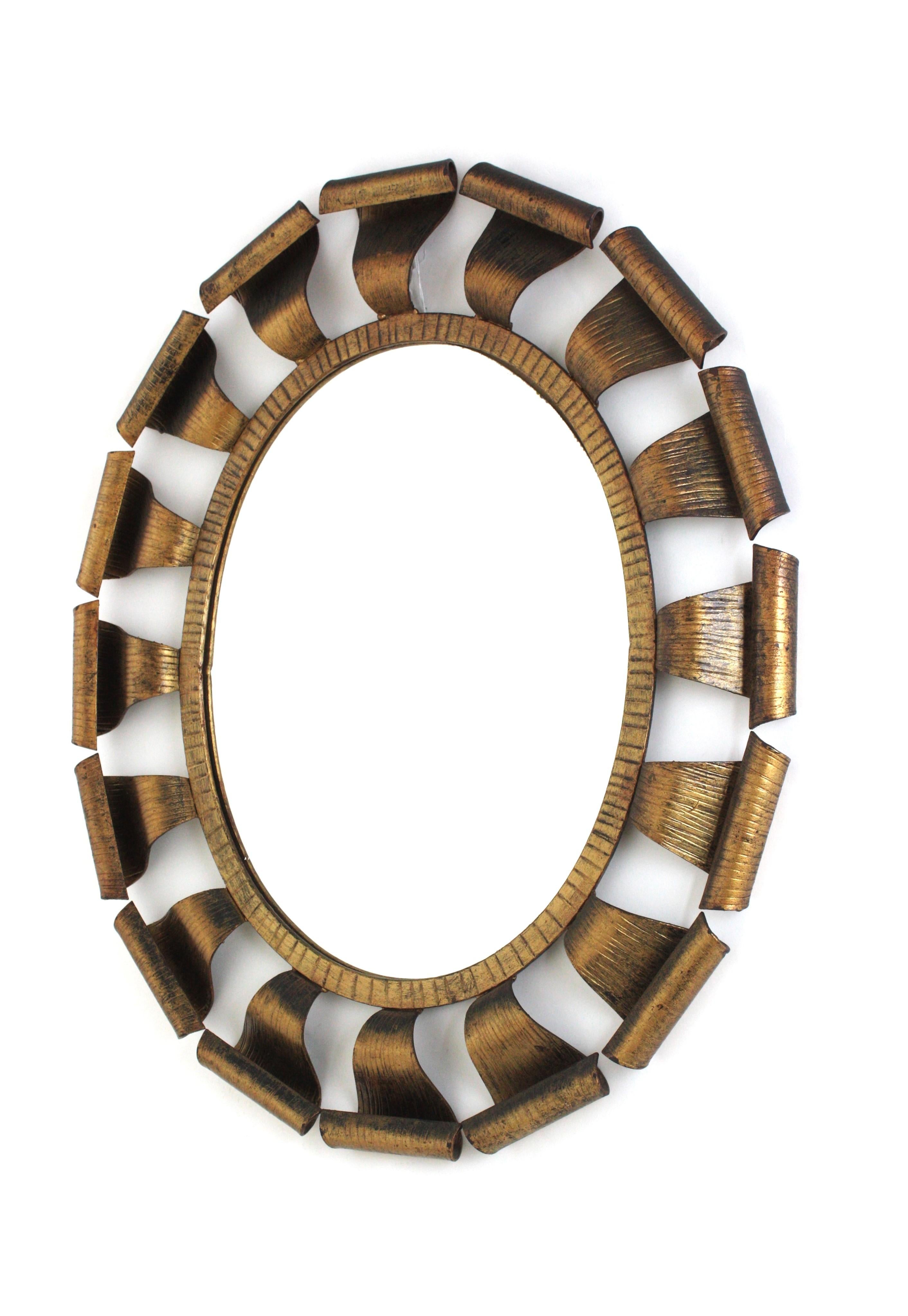 Brutalist Oval Sunburst Mirror, Gilt Wrought Iron, 1950 For Sale 3