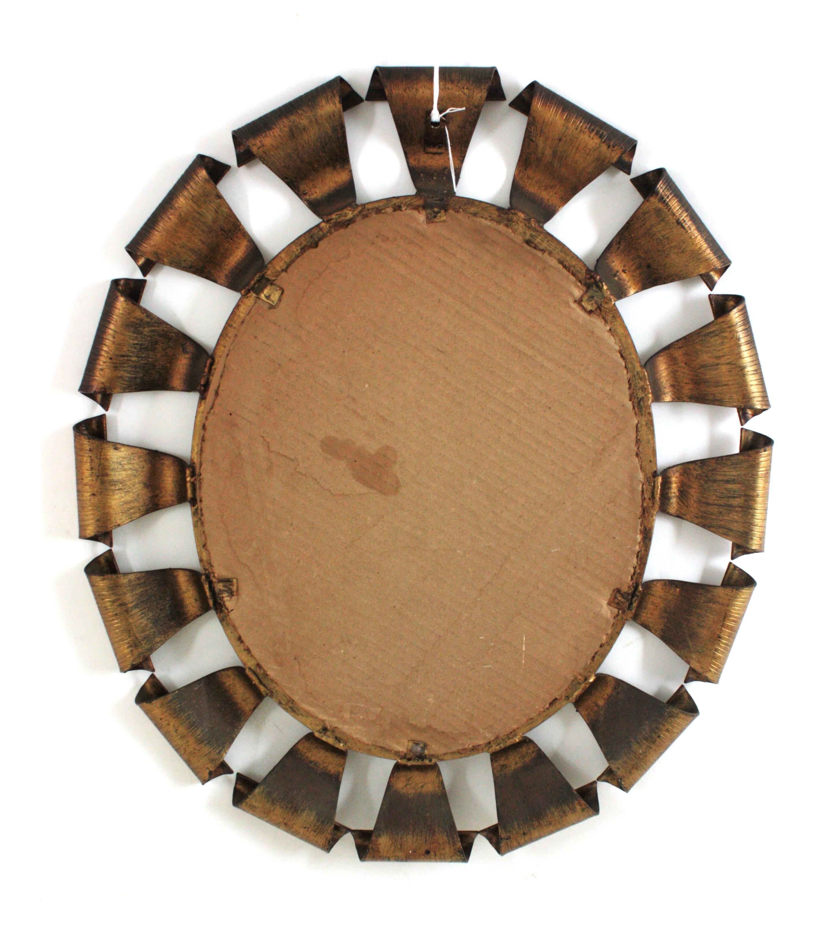 Brutalist Oval Sunburst Mirror, Gilt Wrought Iron, 1950 For Sale 4