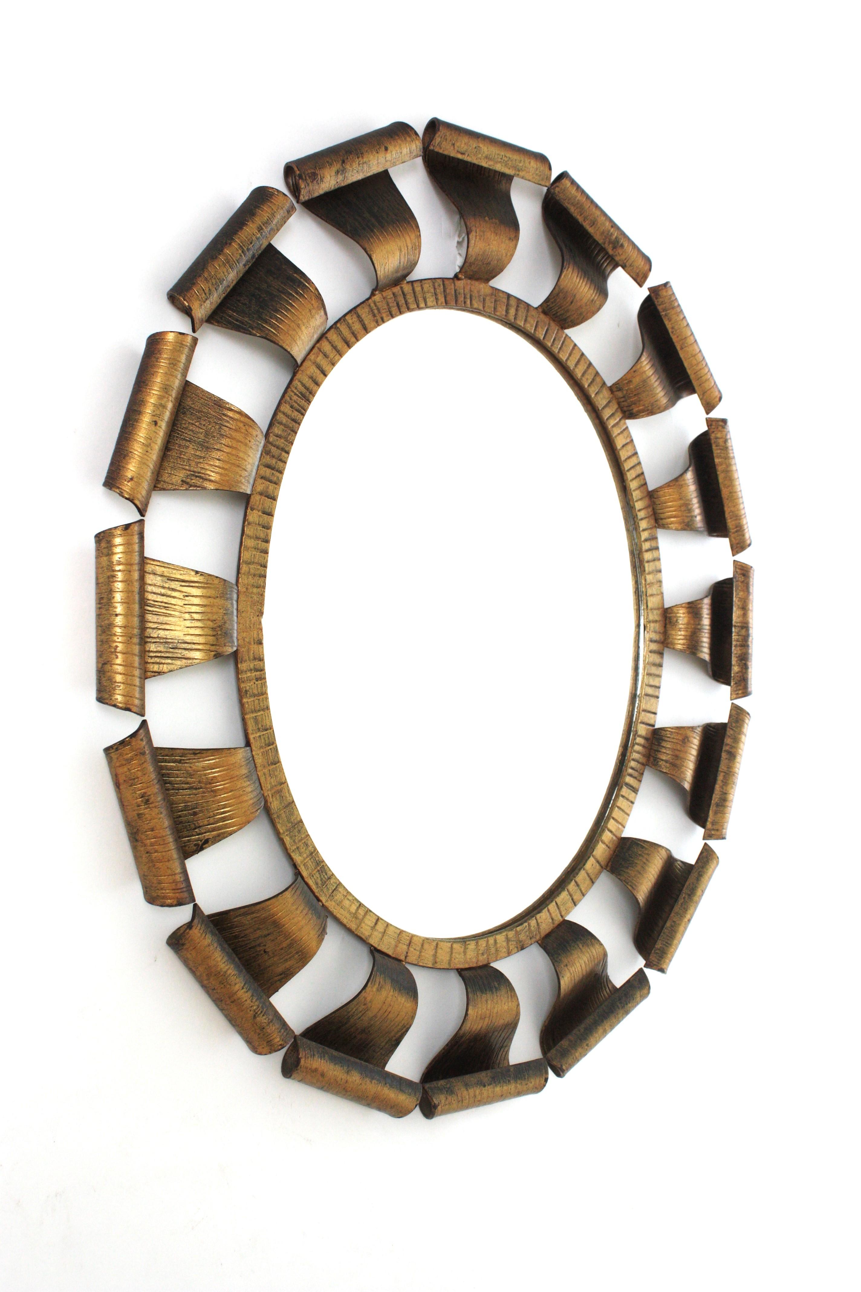 French Brutalist Oval Sunburst Mirror, Gilt Wrought Iron, 1950 For Sale