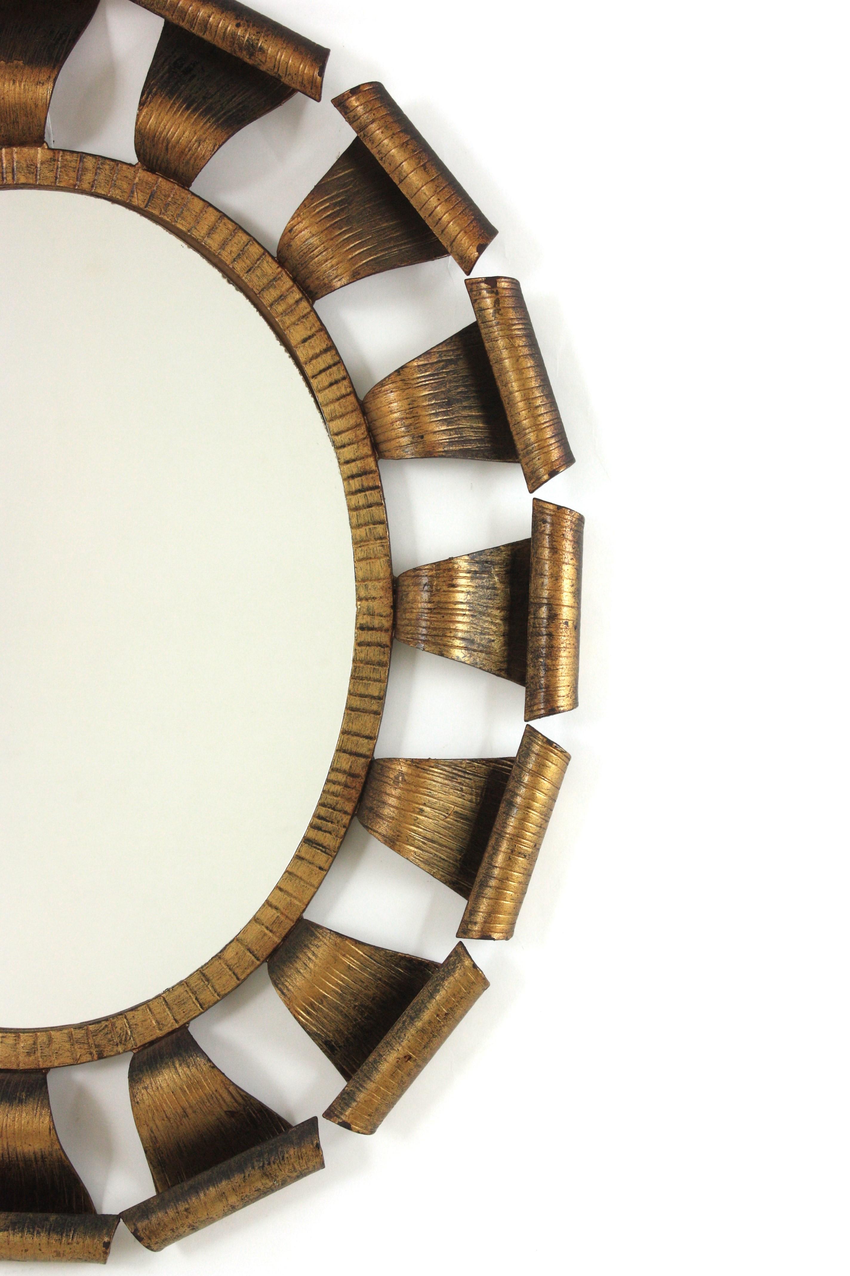 20th Century Brutalist Oval Sunburst Mirror, Gilt Wrought Iron, 1950 For Sale
