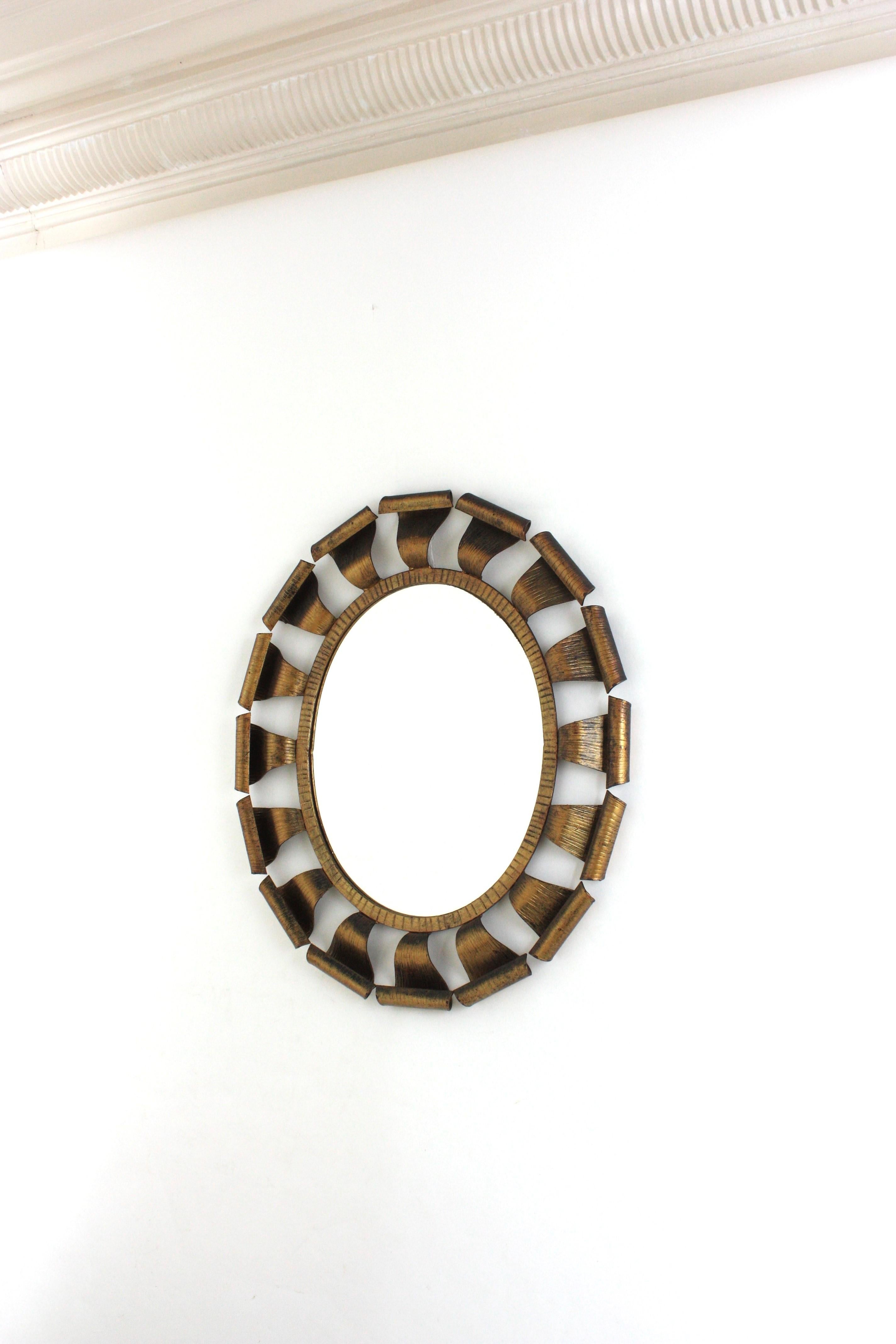 Brutalist Oval Sunburst Mirror, Gilt Wrought Iron, 1950 For Sale 2