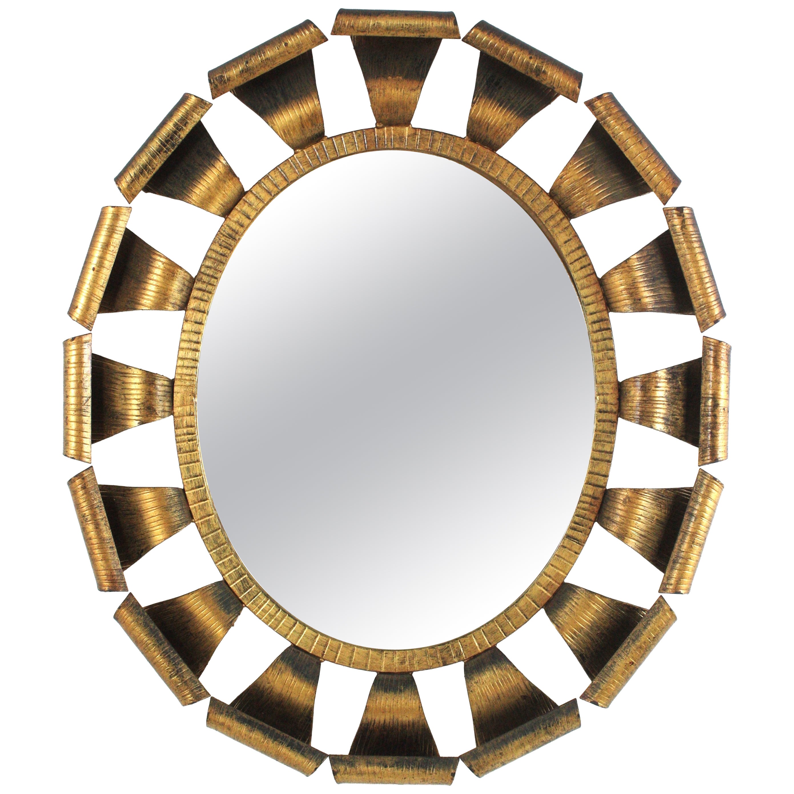 Brutalist Oval Sunburst Mirror, Gilt Wrought Iron, 1950 For Sale