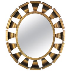 Brutalist Oval Sunburst Mirror, Gilt Wrought Iron, 1950