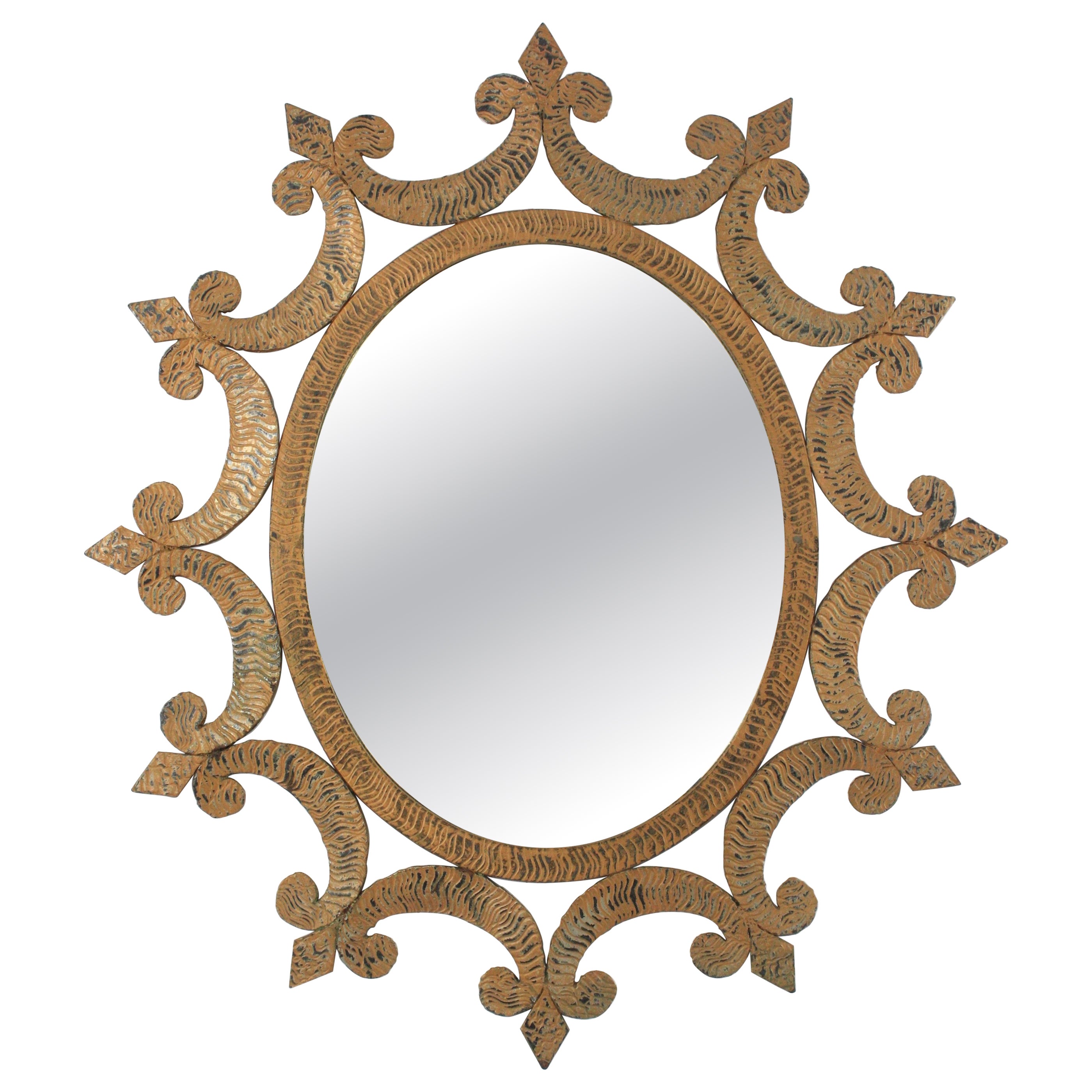 Brutalist Oval Sunburst Mirror in Gilt Patinated Wrought Iron, 1950s For Sale
