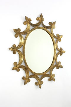 Brutalist Oval Sunburst Mirror in Gilt Wrought Iron, 1950s