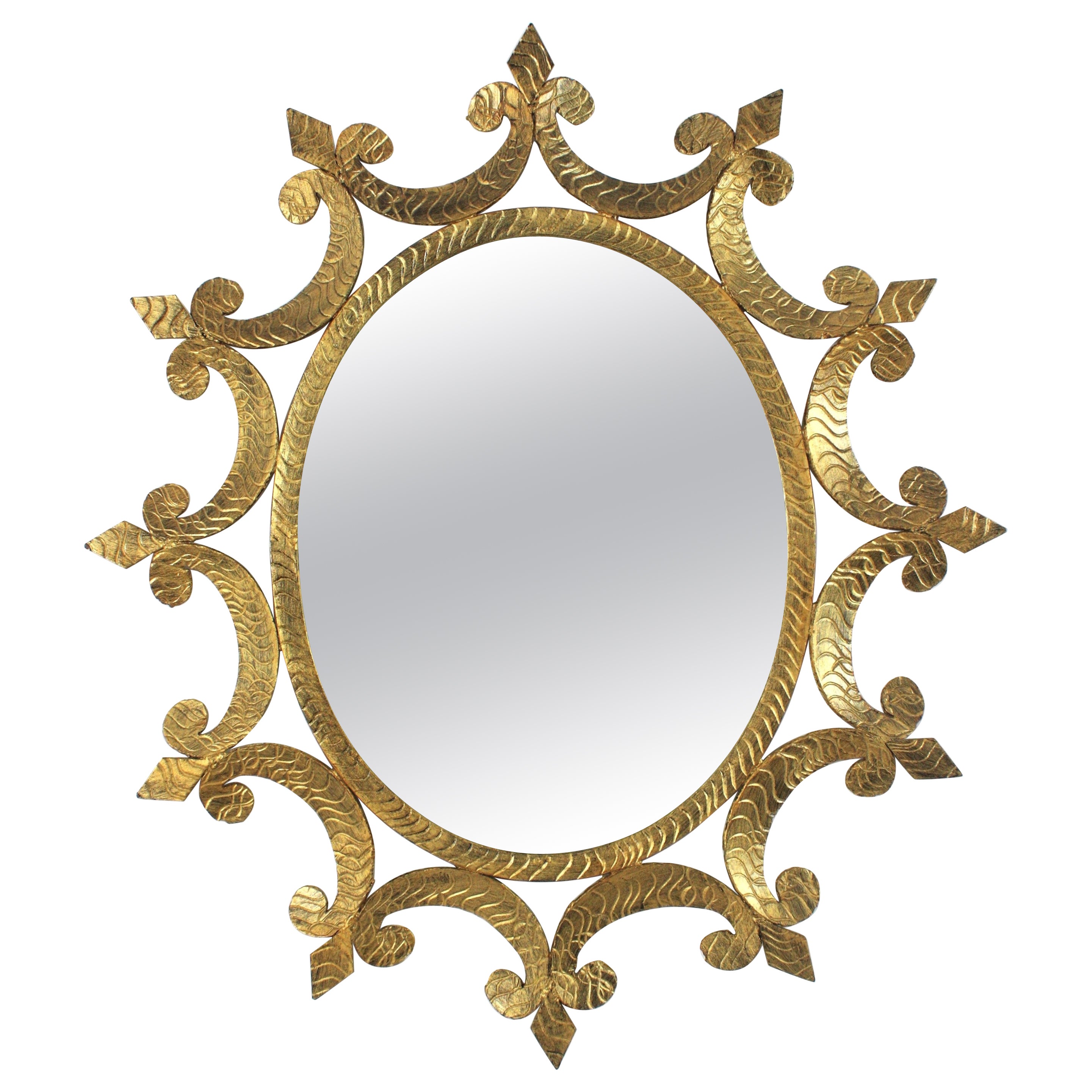 Brutalist Oval Sunburst Mirror in Gilt Wrought Iron, 1950s