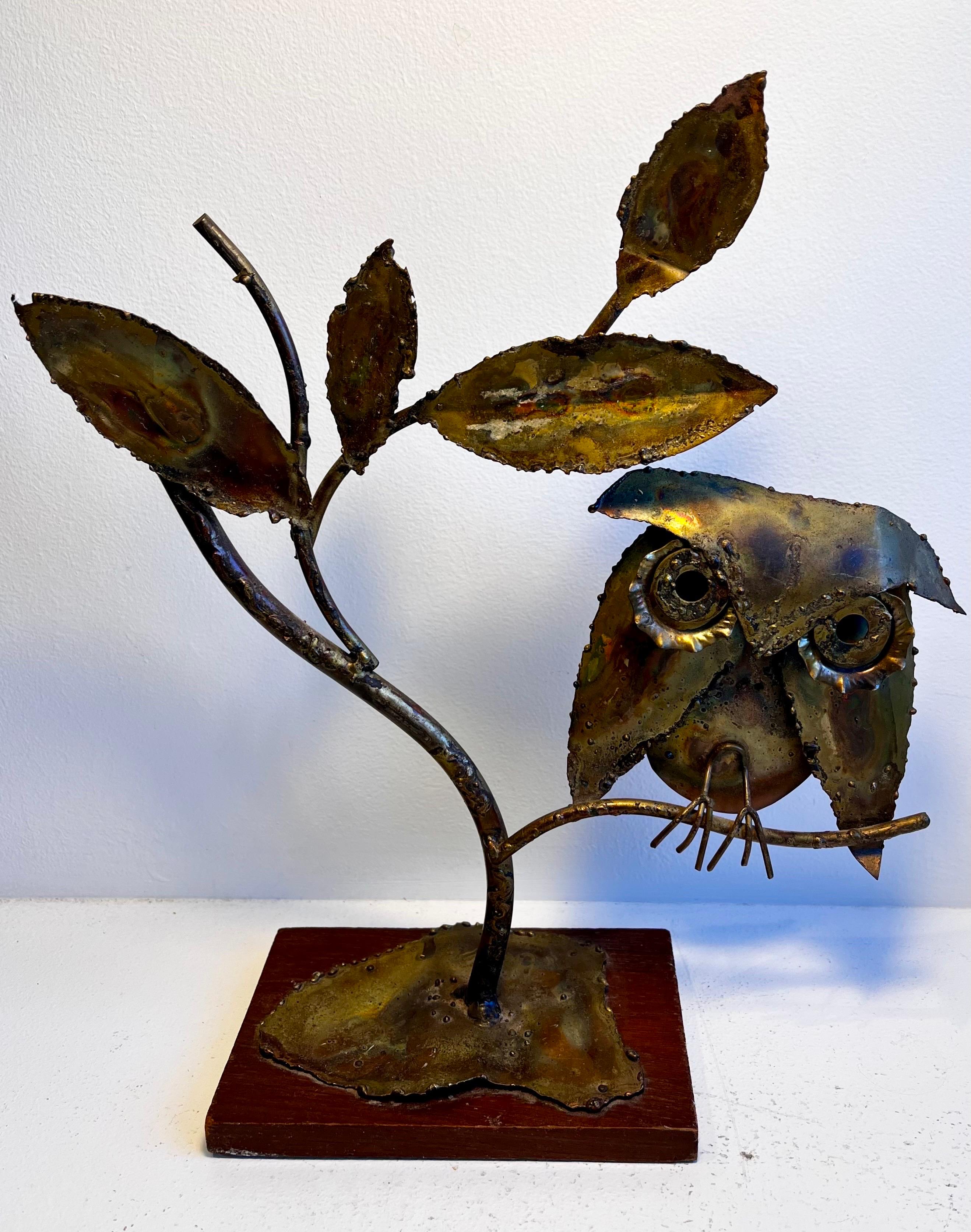 Brutalist Owl in Tree Sculpture on Wood Base

