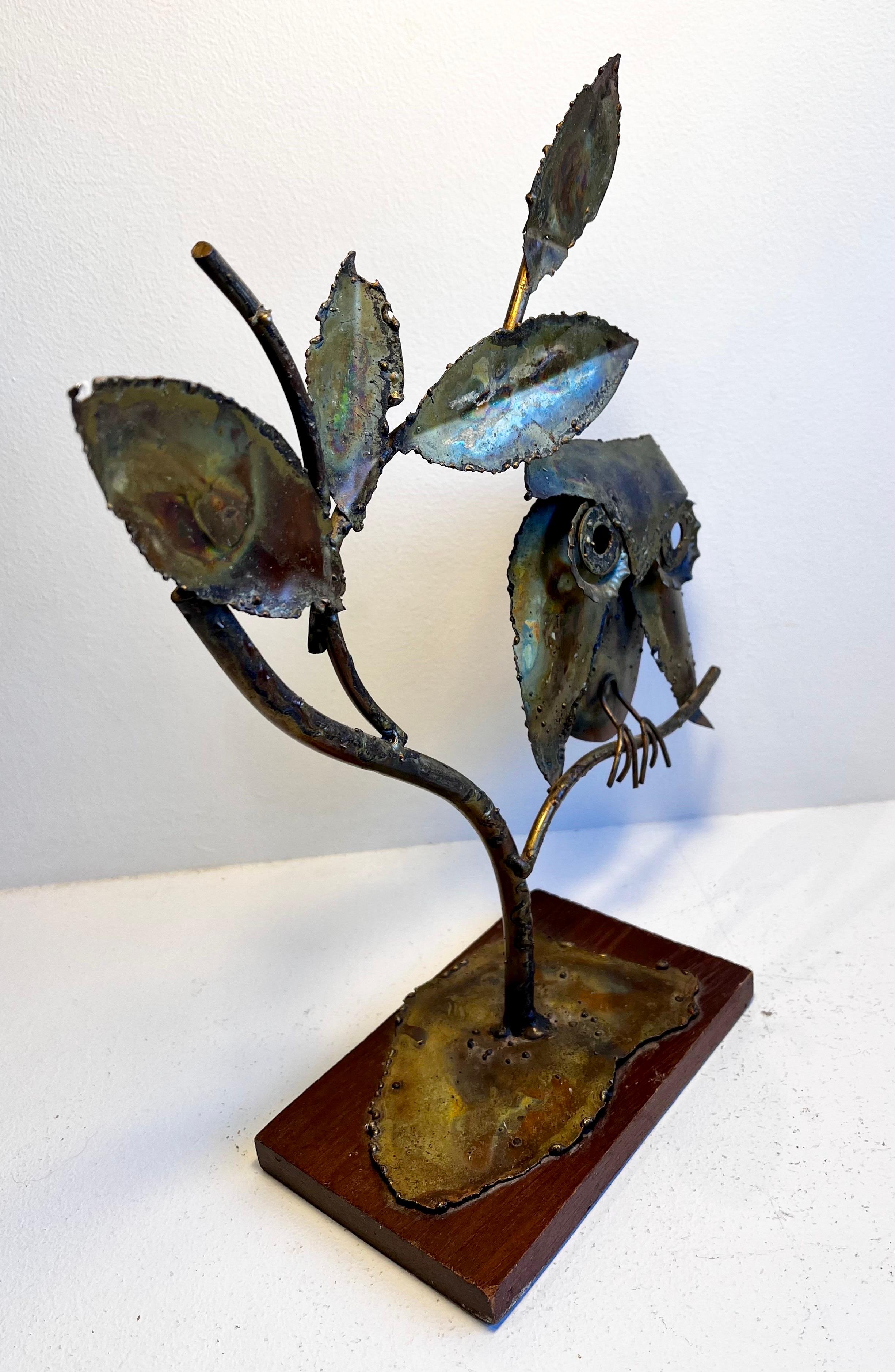 Mid-Century Modern Brutalist Owl in Tree Sculpture on Wood Base For Sale