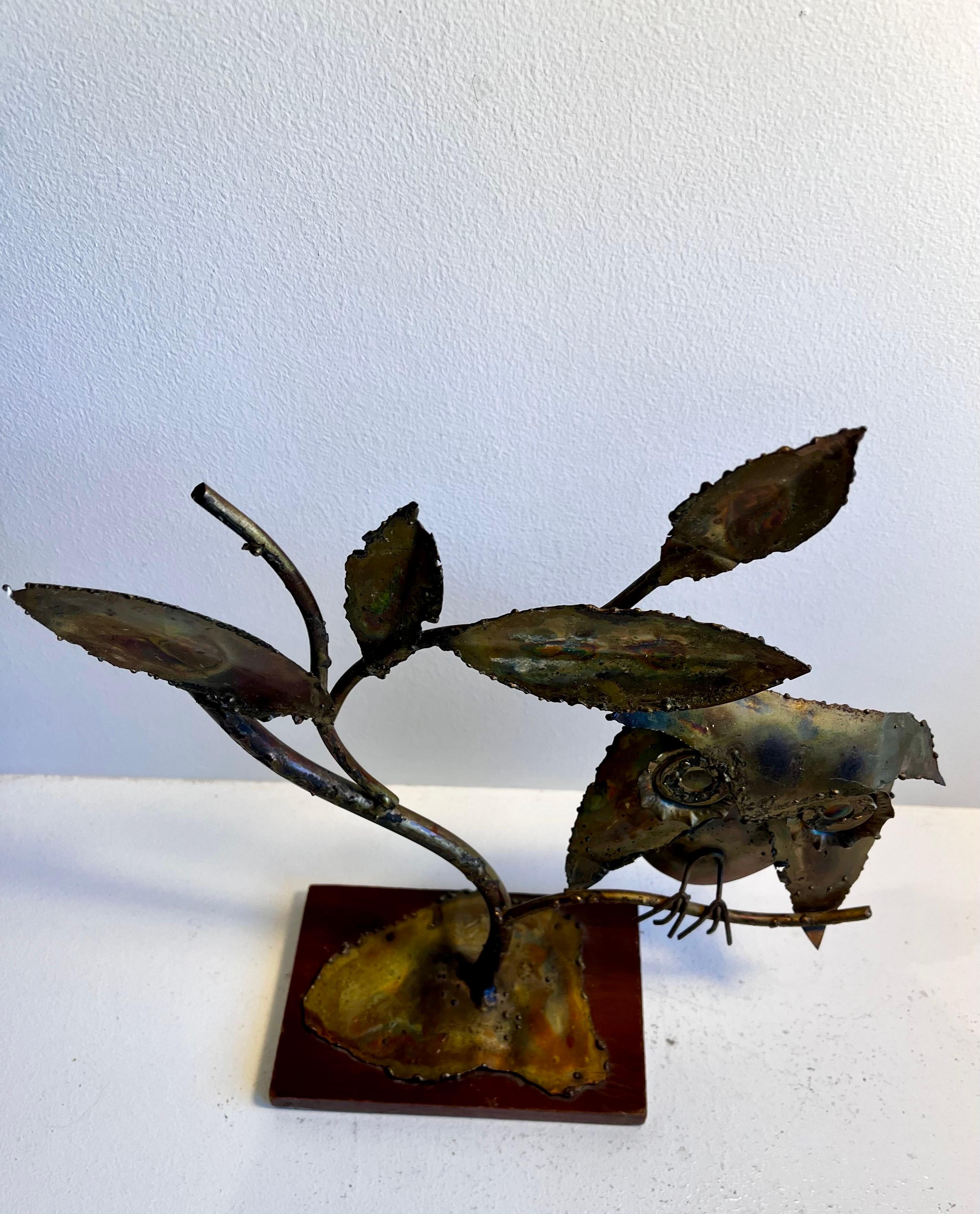 Brutalist Owl in Tree Sculpture on Wood Base In Good Condition For Sale In Philadelphia, PA