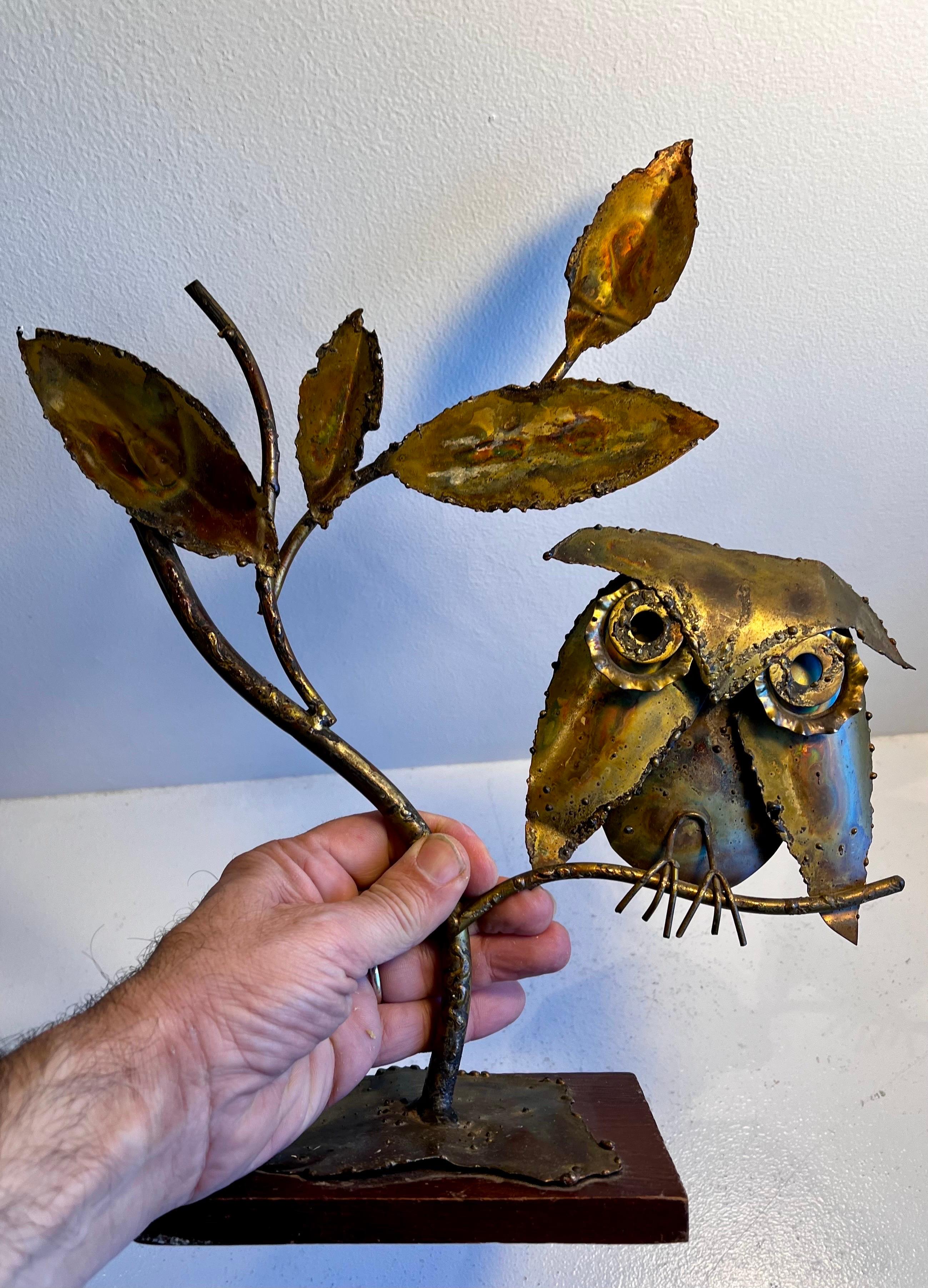 Mid-20th Century Brutalist Owl in Tree Sculpture on Wood Base For Sale