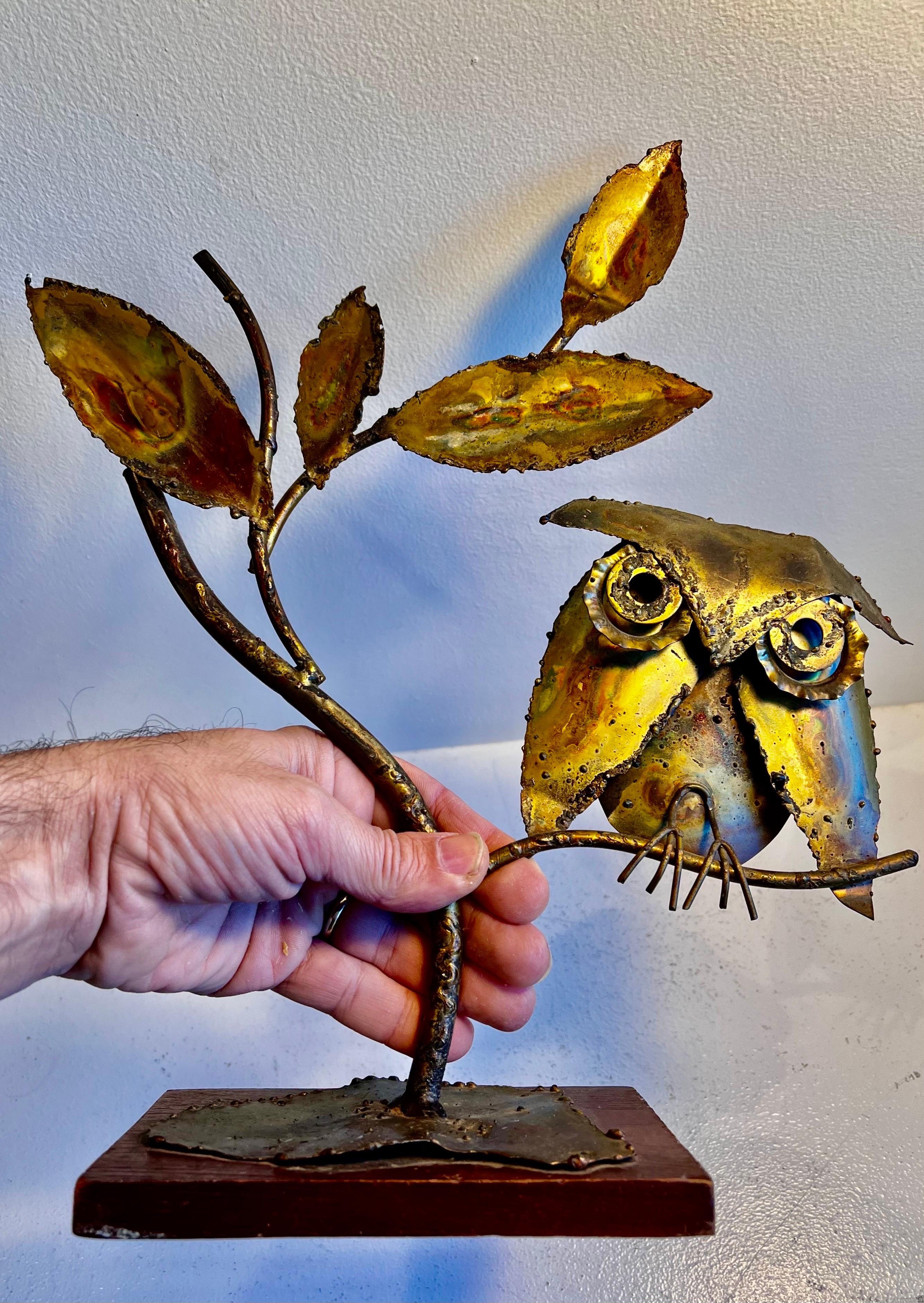 Brass Brutalist Owl in Tree Sculpture on Wood Base For Sale