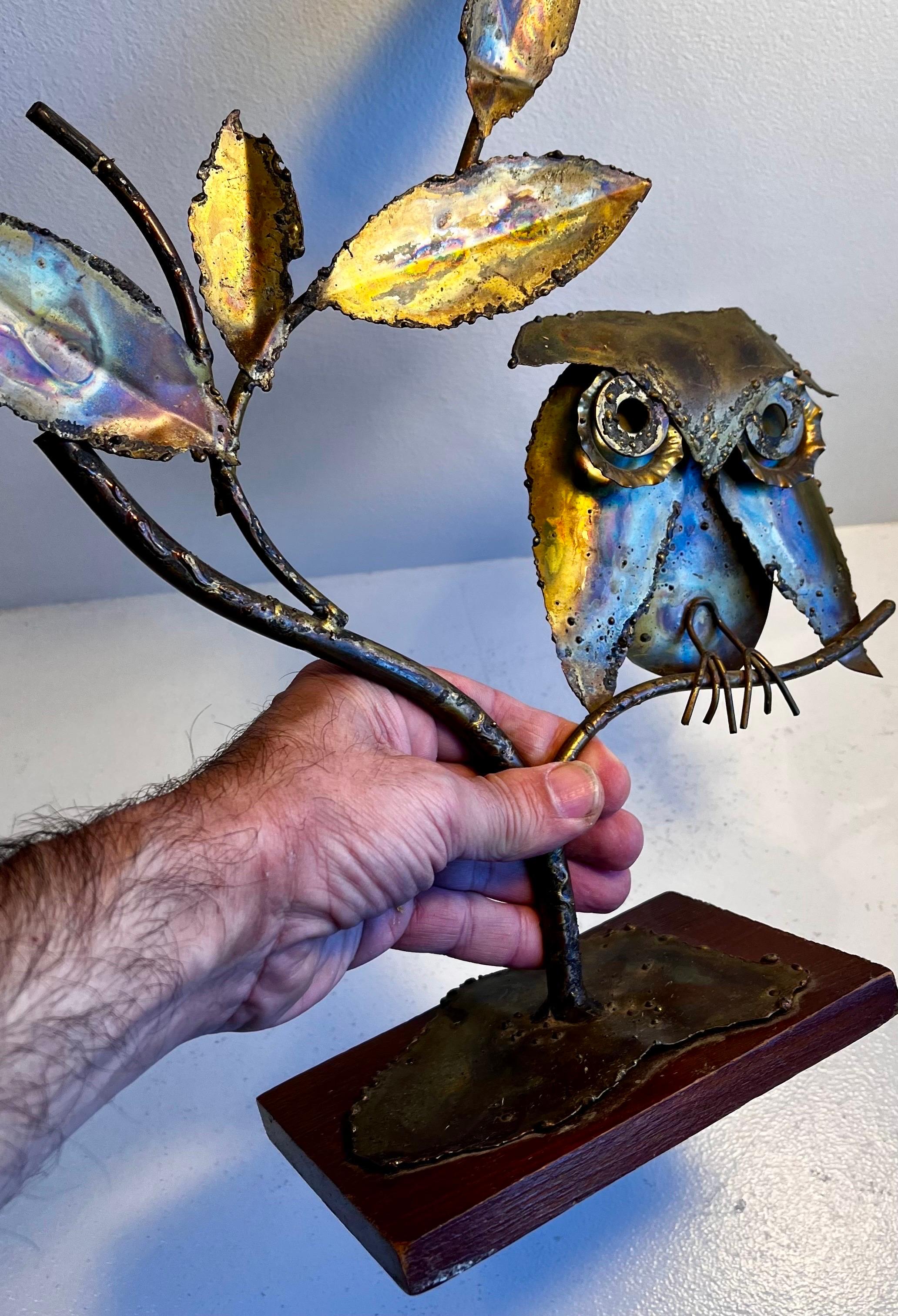 Brutalist Owl in Tree Sculpture on Wood Base For Sale 1