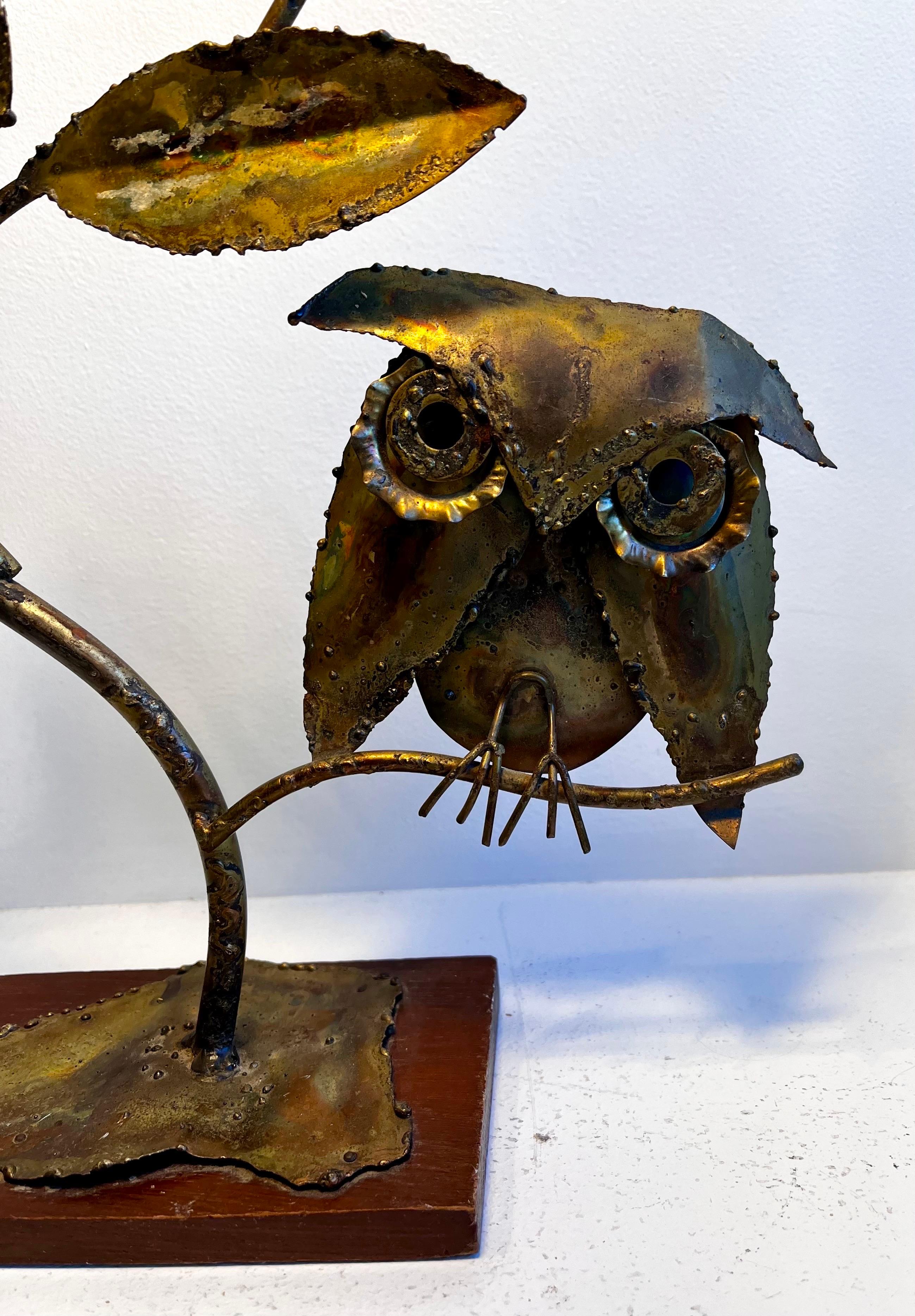 Brutalist Owl in Tree Sculpture on Wood Base For Sale 2