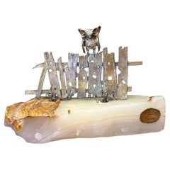 Brutalist Owl on Bench Sculpture in Raw Metal on Quartz by Ken Rains