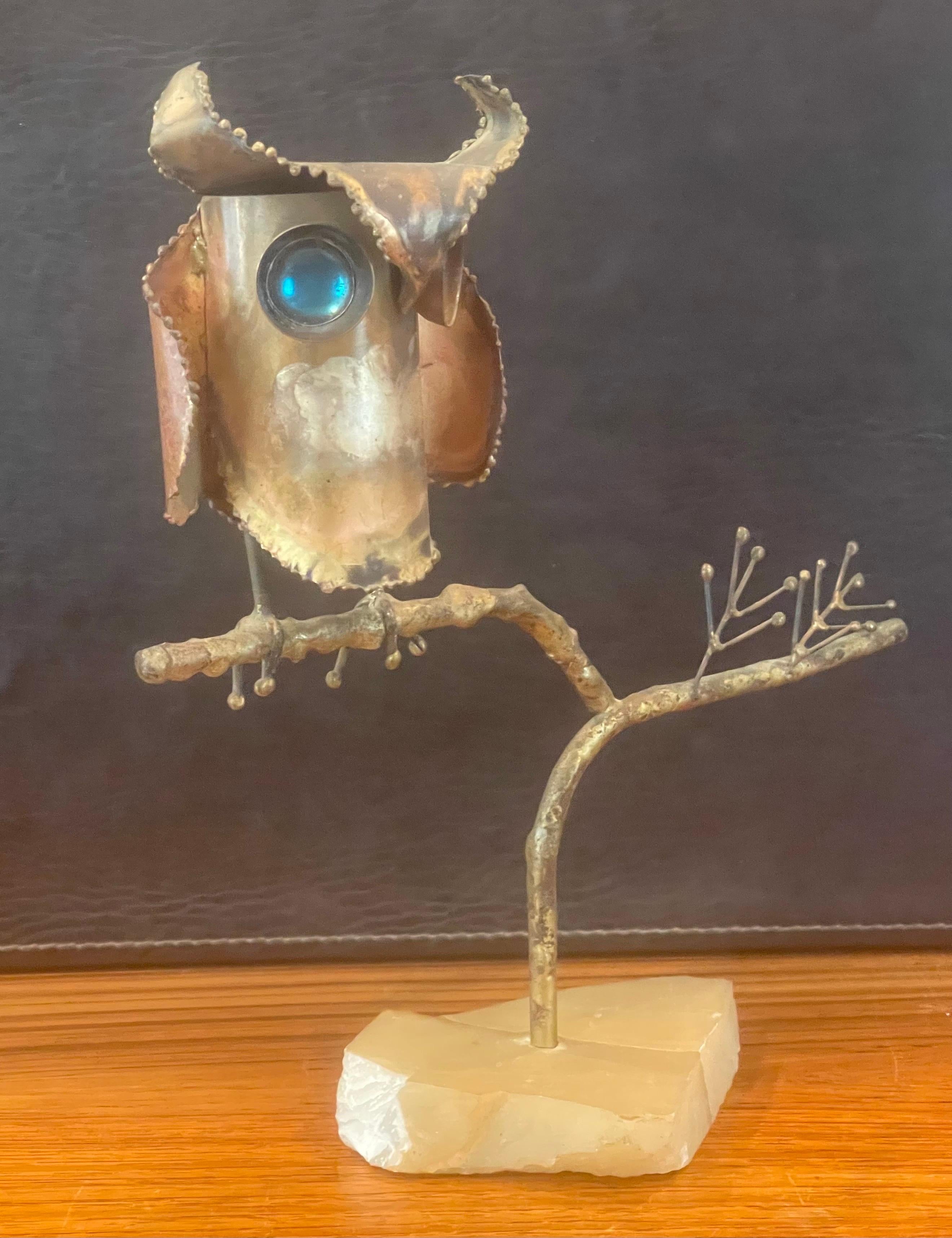 North American Brutalist Owl Sculpture in Raw Metal on Quartz by Curtis Jere for Artisan House For Sale