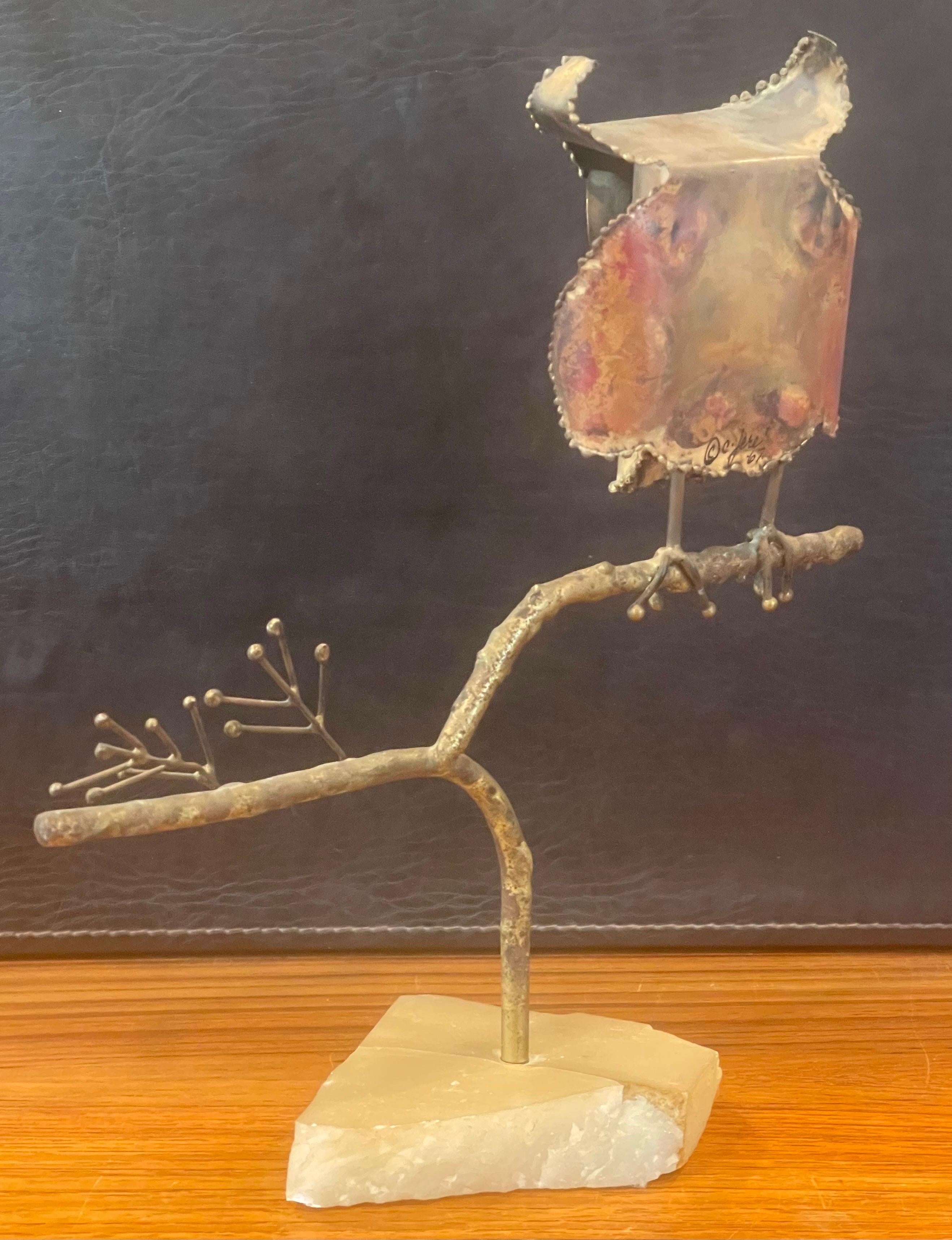 Brutalist Owl Sculpture in Raw Metal on Quartz by Curtis Jere for Artisan House For Sale 1