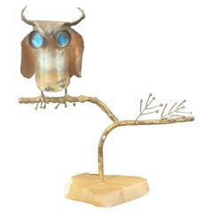 Brutalist Owl Sculpture in Raw Metal on Quartz by Curtis Jere for Artisan House