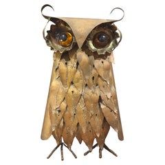 Brutalist Owl Sculpture in Raw Metal with Glass Eyes in the Style of Curtis Jere