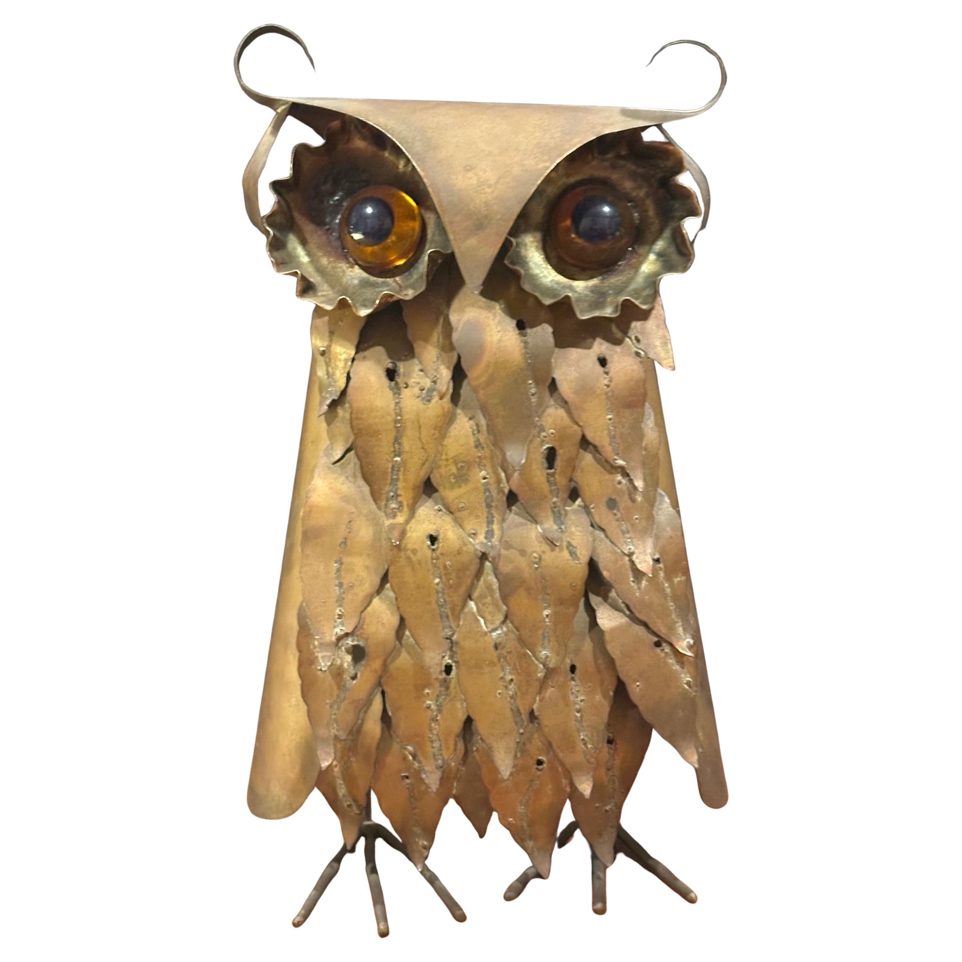 Brutalist Owl Sculpture in Raw Metal with Glass Eyes in the Style of Curtis Jere
