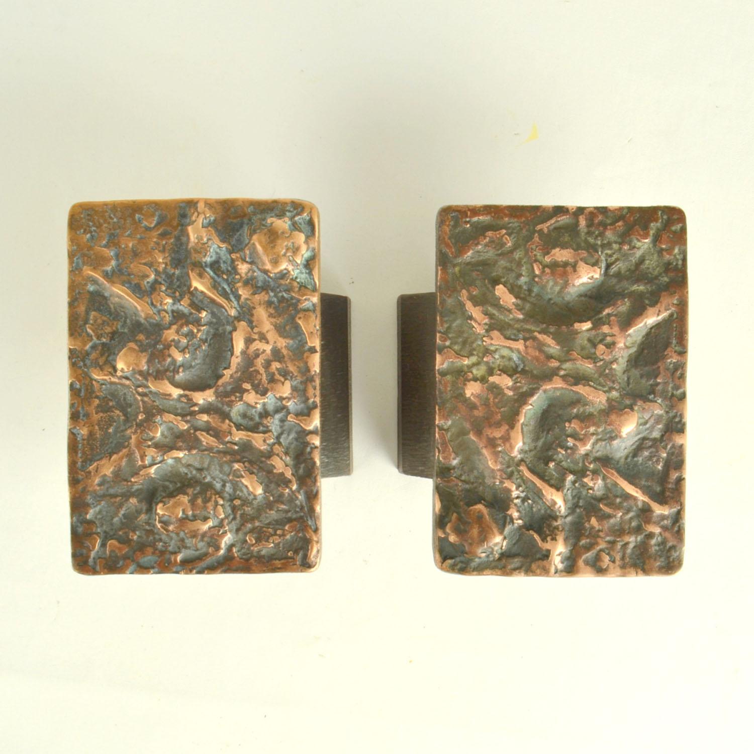 European Brutalist Pair of Bronze Door Handles Push & Pull with Abstract Relief For Sale