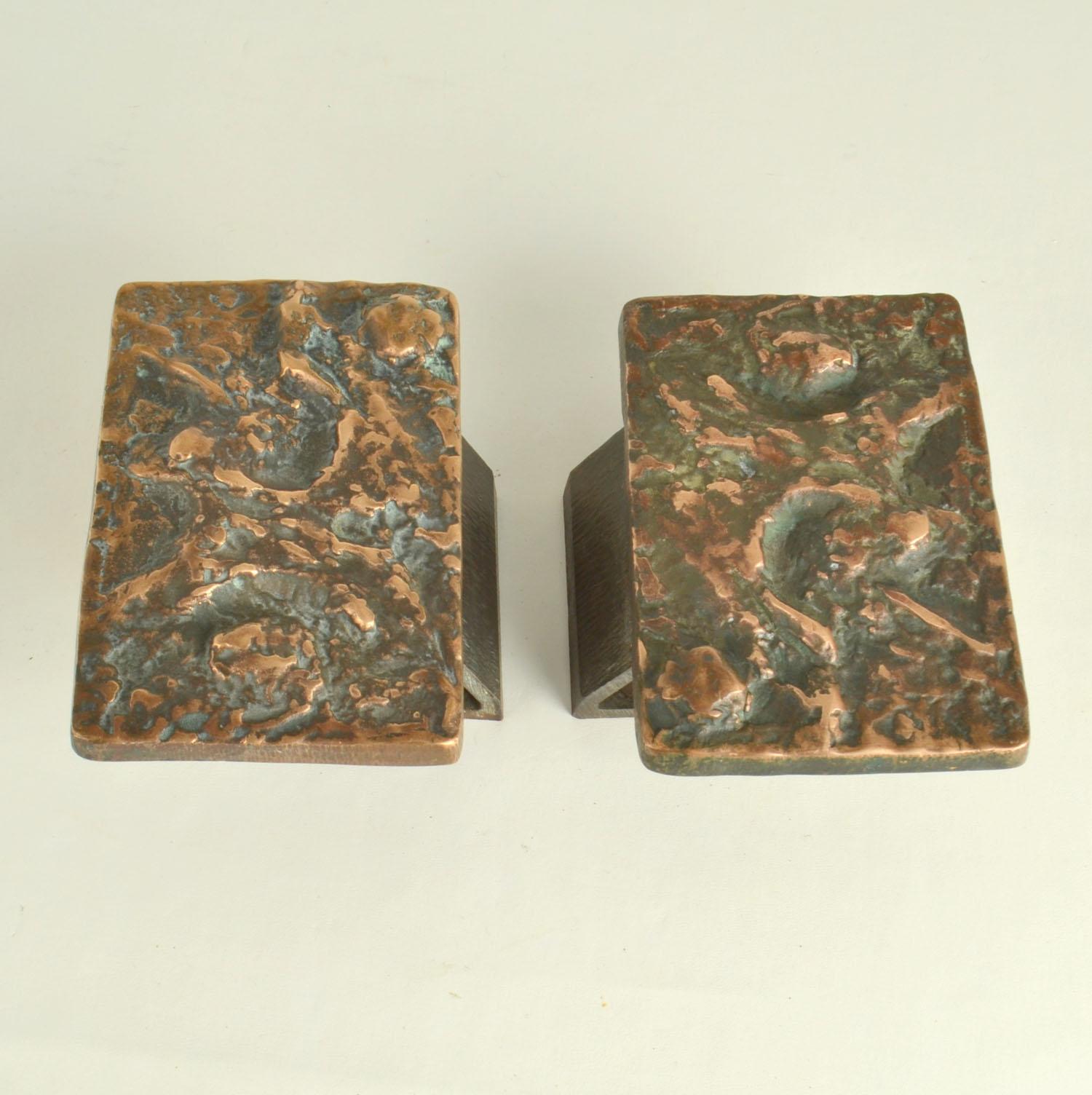Cast Brutalist Pair of Bronze Door Handles Push & Pull with Abstract Relief For Sale