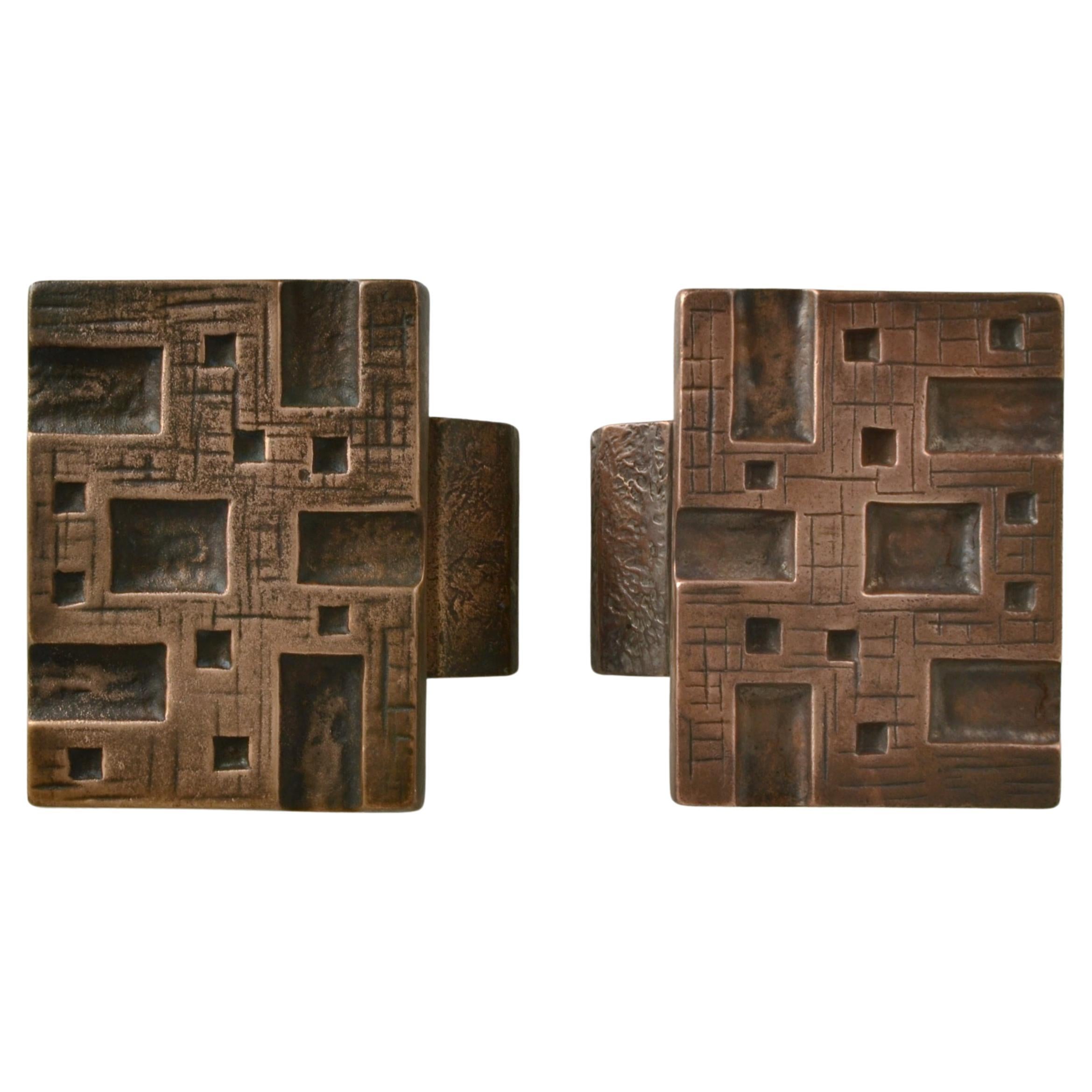 Brutalist Pair of Bronze Rectangular Push Pull Door Handles in Geometric Relief