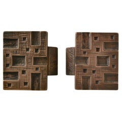 Vintage Brutalist Pair of Bronze Rectangular Push Pull Door Handles in Geometric Relief