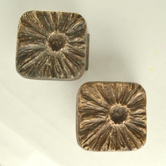 Brutalist Pair of Bronze Square Push Pull Door Handles with Flower Relief