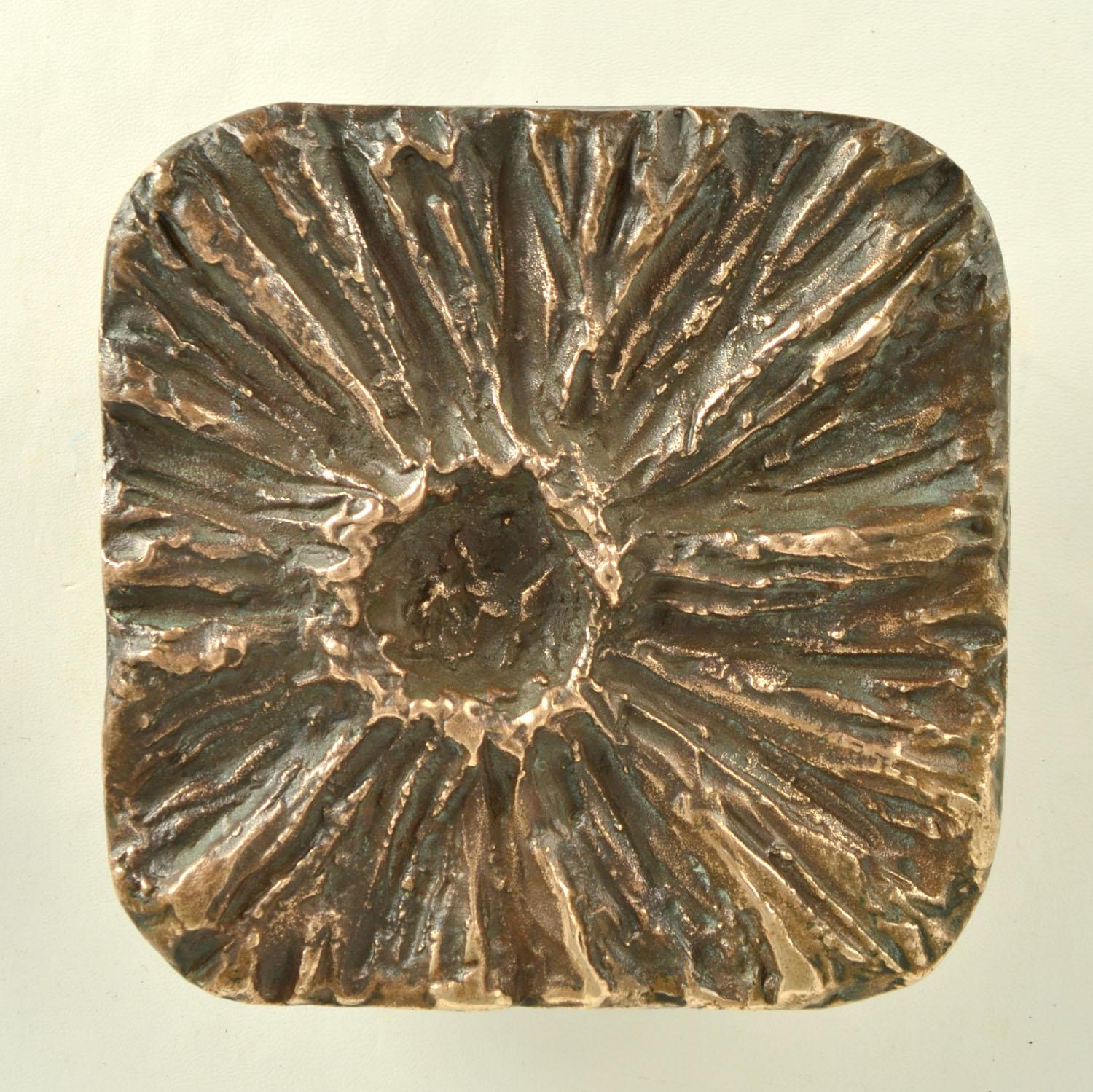 Cast Brutalist Pair of Bronze Square Push Pull Door Handles with Flower Relief For Sale
