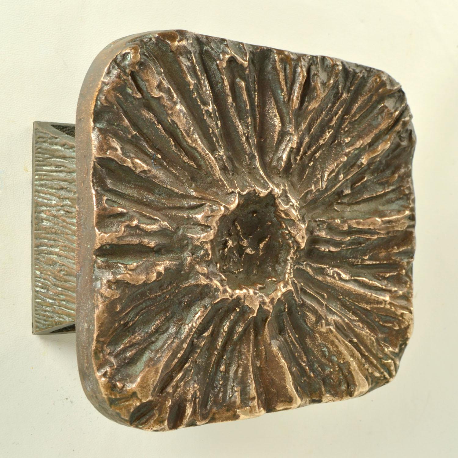 Late 20th Century Brutalist Pair of Bronze Square Push Pull Door Handles with Flower Relief For Sale